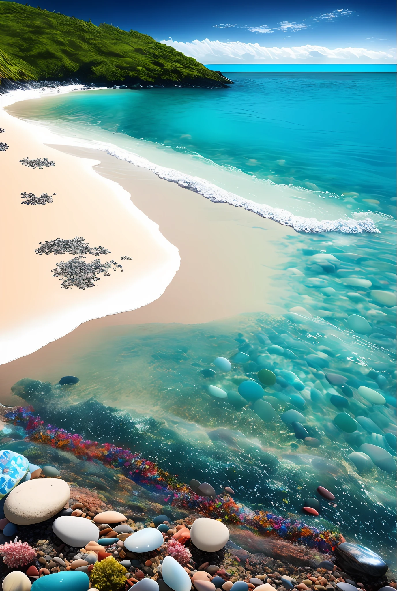 East Pole Island, Beach, Tide, Waves, Noon, Sunny, Transparent Pebbles, Ultra-realistic, Surreal, 16k HD, Rainbow Umbrella,