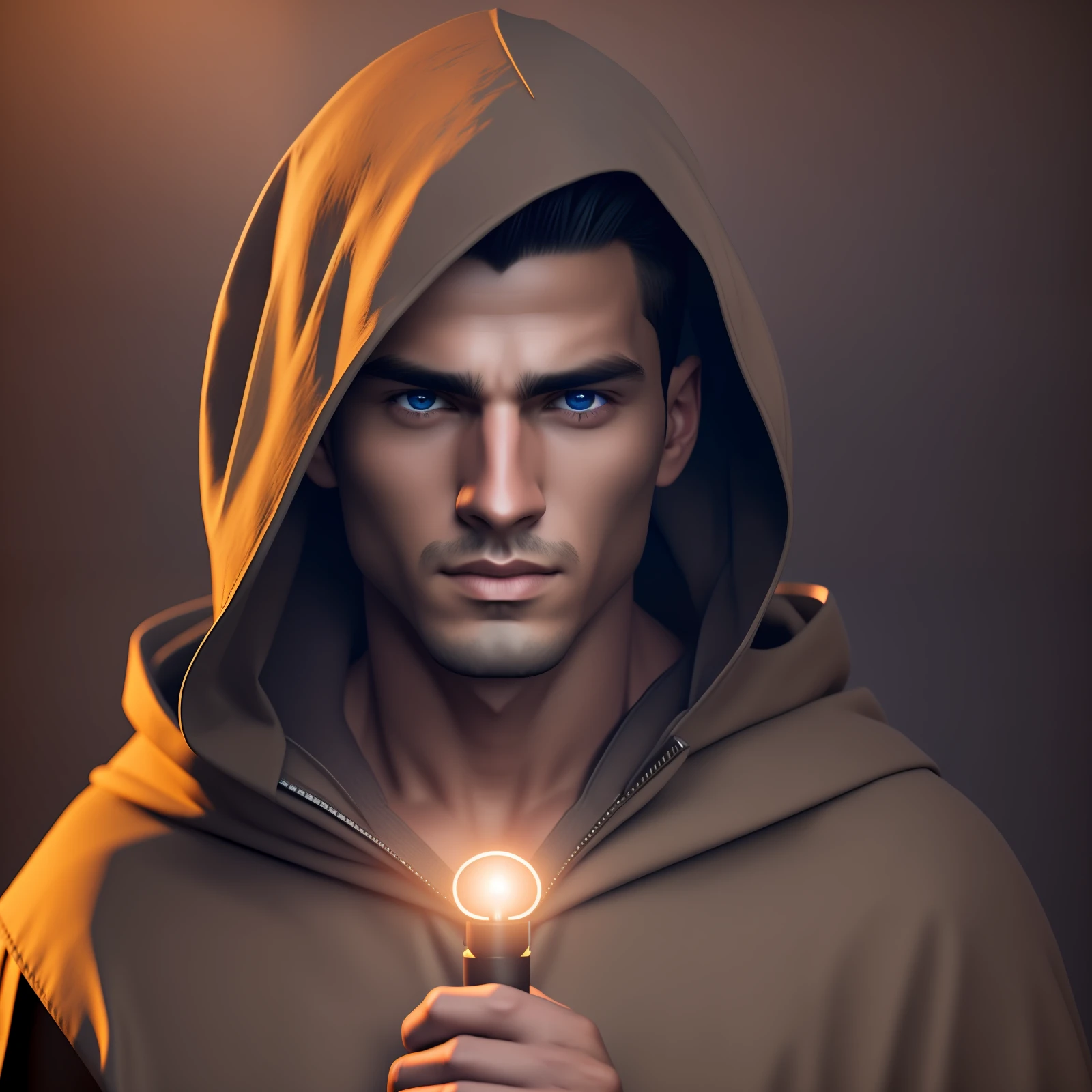 realistically dynamic lights, (extremely detailed 8k CG unit) young man, who likes programming, with a shave and holding a light that represents liberation, a fearless look, face half covered and with a hood