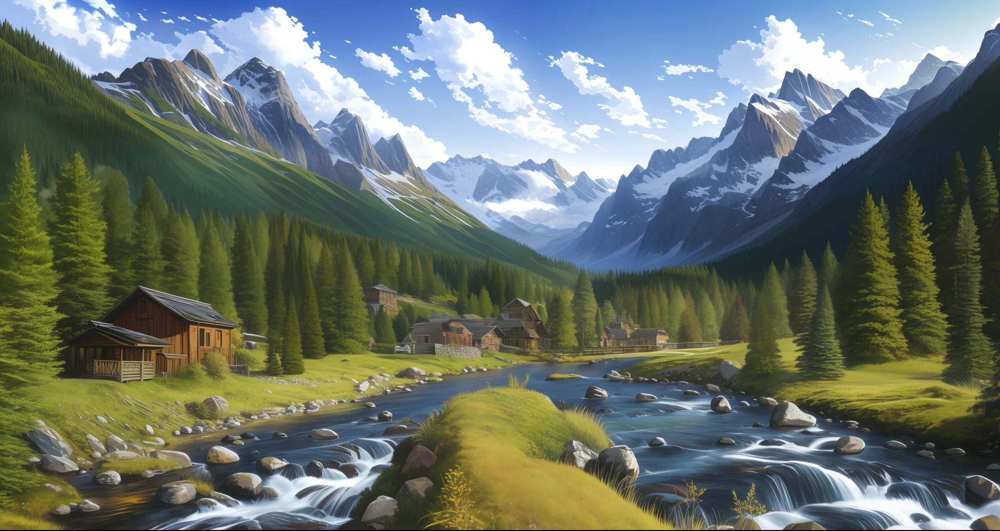 detailed background, masterpiece, best quality, scenery, mountains, river, forest, sun, day, clouds