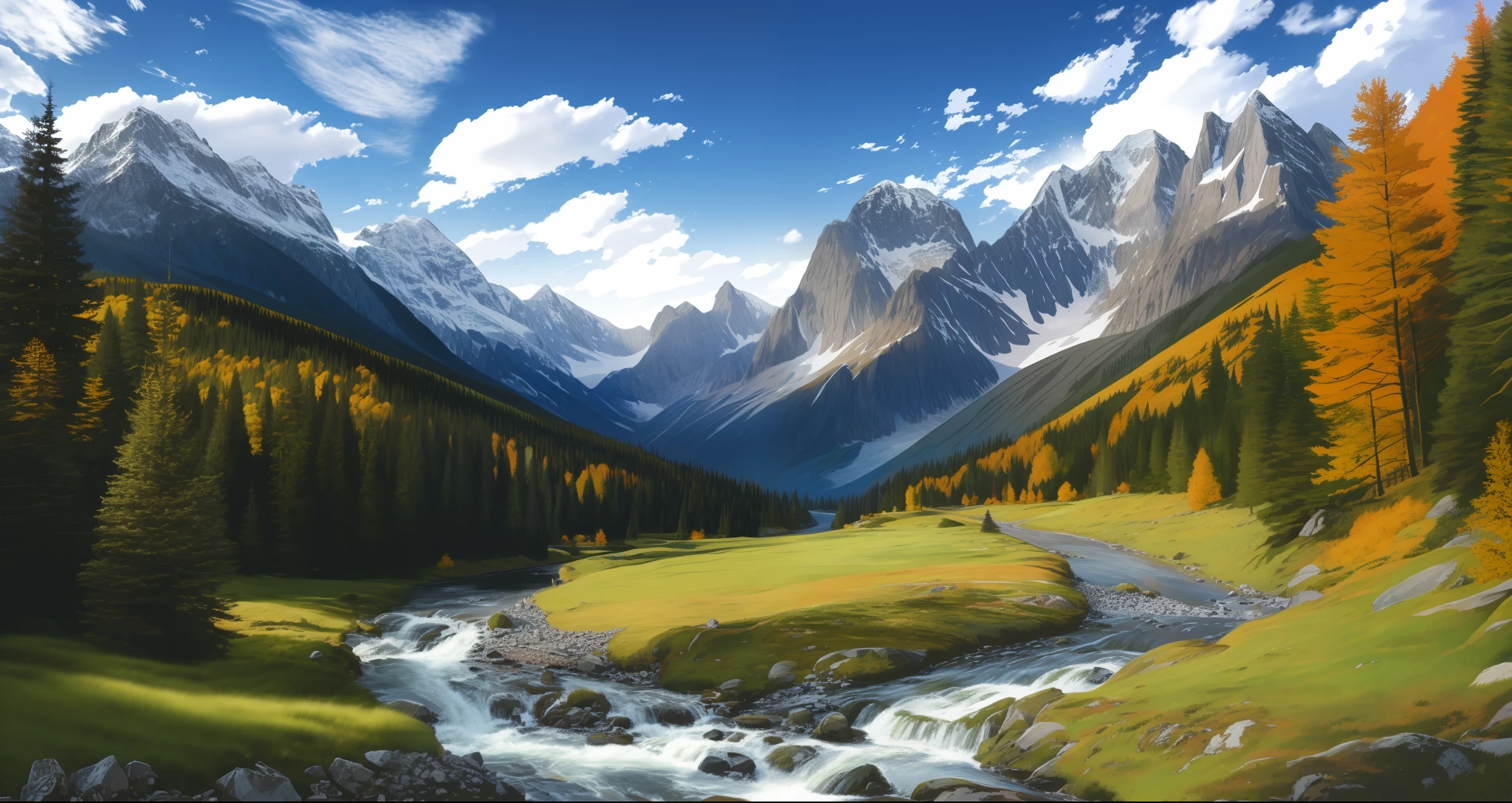 detailed background, masterpiece, best quality, scenery, mountains, river, forest, sun, day, clouds