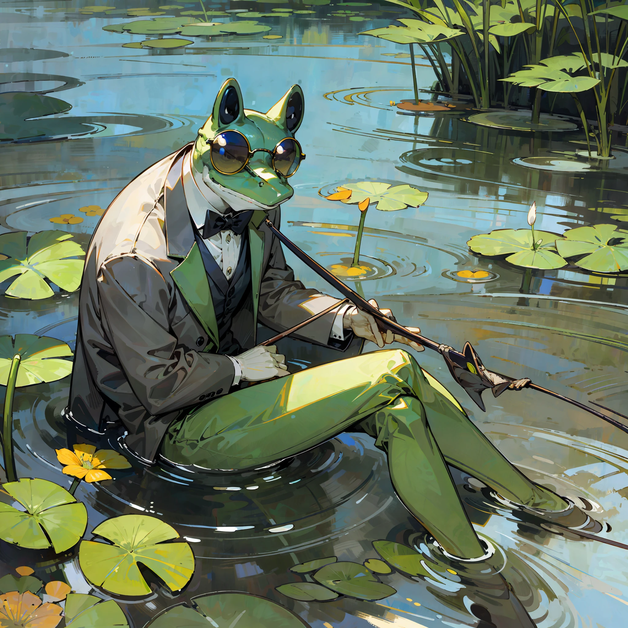 Create a frog with a very elegant suit, sunglasses, cane in hand, on a cattail in a pond --auto --s2