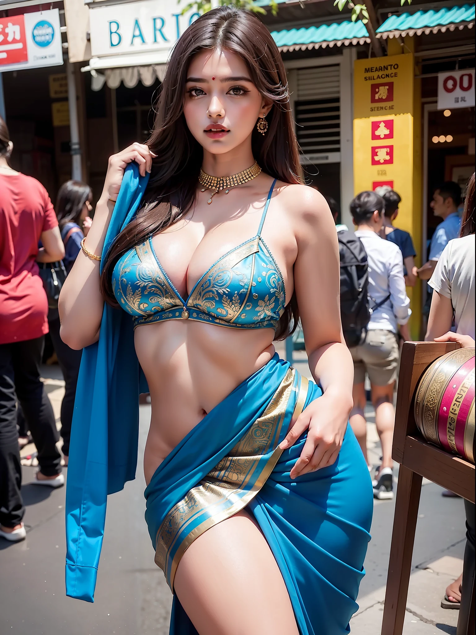 : A stunning Indian woman, confidently embracing her curves, dressed in a gorgeous saree that accentuates her voluptuous figure, the deep neckline of the blouse revealing her alluring cleavage, standing with poise and grace against the backdrop of a colorful and bustling Indian market, the vibrant atmosphere and rich cultural tapestry adding to her captivating presence, Photography, using a full-frame DSLR camera with a 50mm lens, --ar 3:2 --v 5