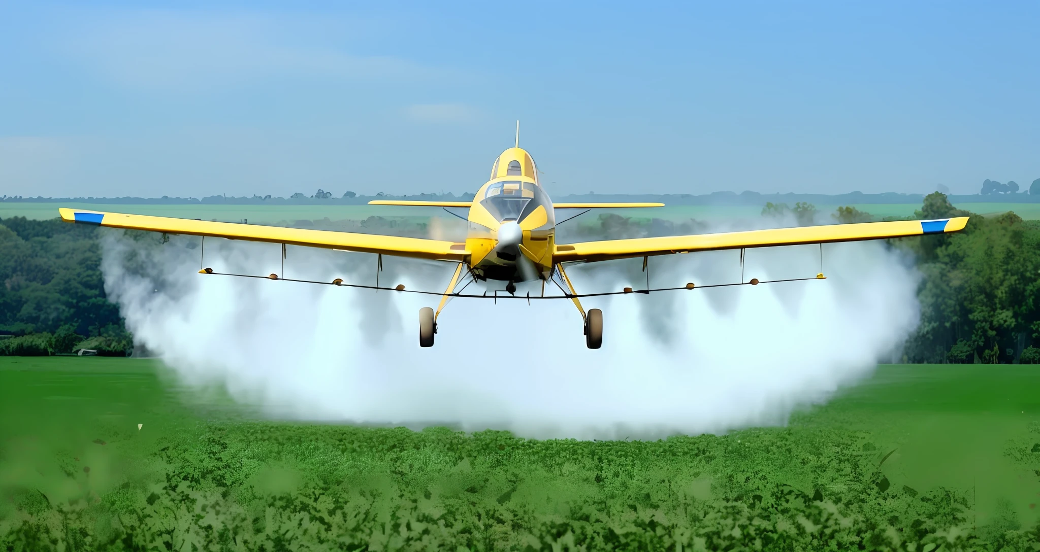 arafly flying yellow airplane spraying water on a green field, spraying liquid, uncrop, agent orange, viral photo, dust motes in air, no crop, ground mist, green gas spreading across land, air shot, offset and takeoff, ground haze, illustration!, description, raf grassetti, maintenance, misting, genetically engineered, on the ground --auto --s2