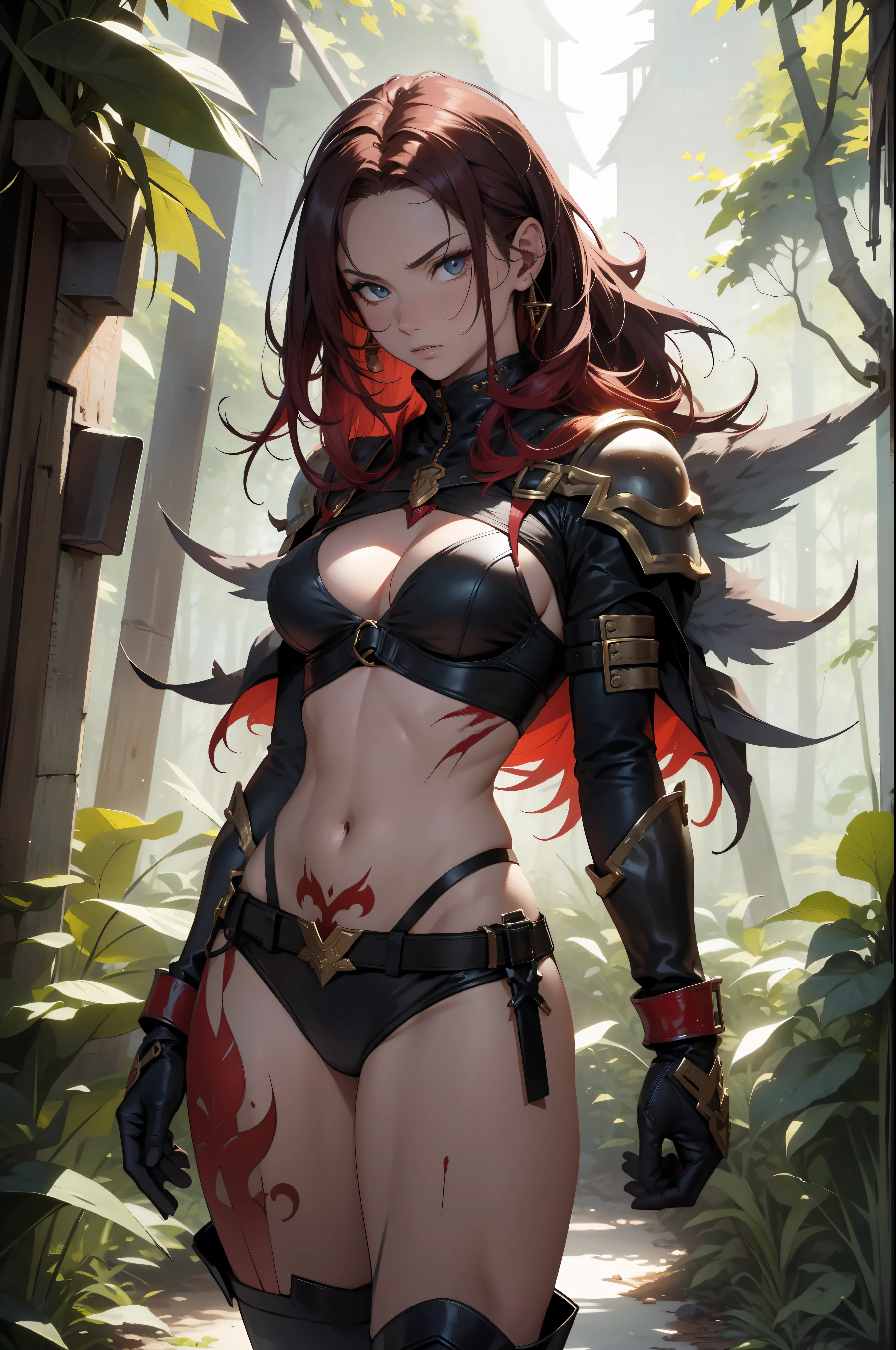 ((Simon Bisley)), Beautiful full-bodied woman, 30 years old, muscular and perfect body, ((back)), red-haired medieval warrior with little clothing, tiny thong, metal bra with black tips with golden ornaments, tribal tattoo, arm covered by metallic armor, large breasts, generous neckline, holding a blood-stained sword, brave face, dark kingdom, sexy pose, Walking in a forest