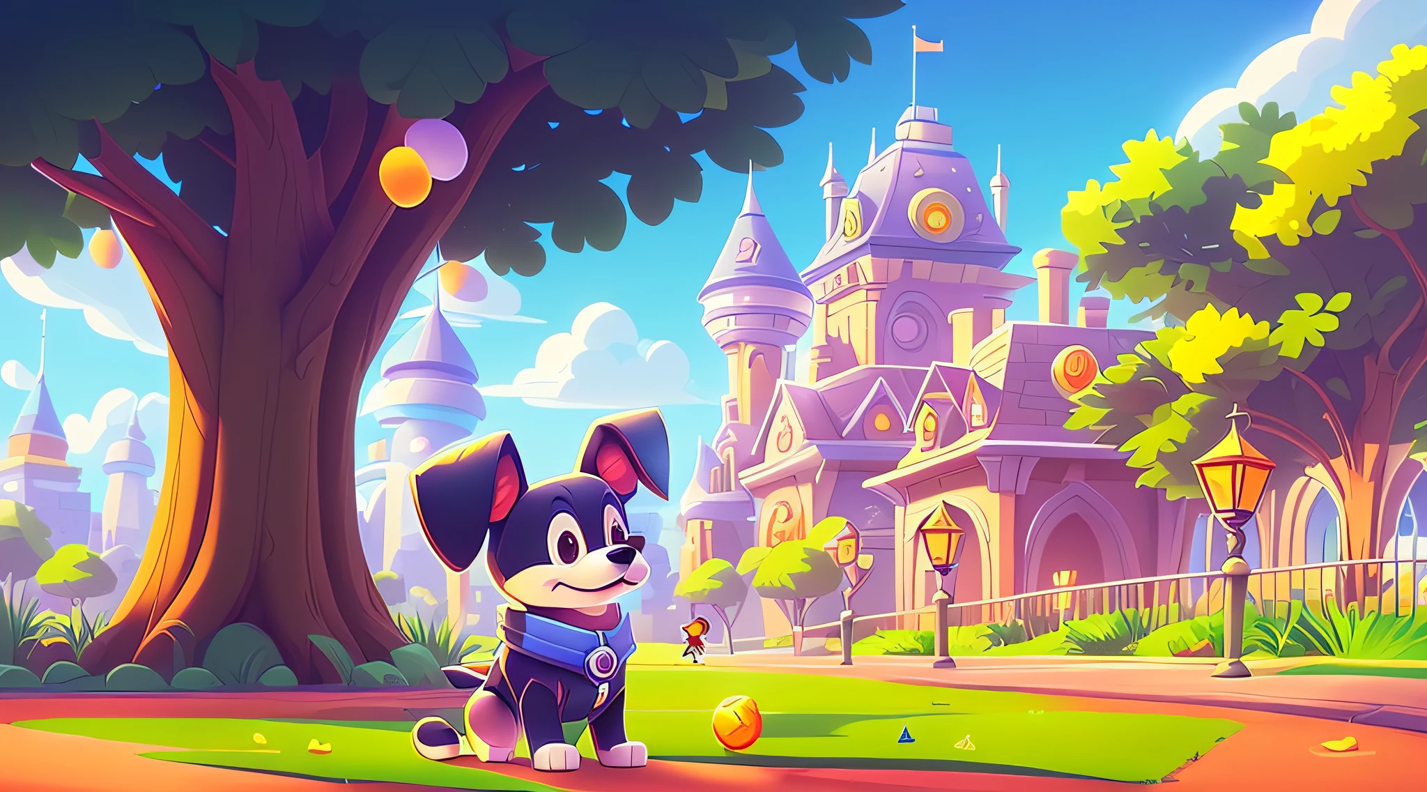 cartoon dog walking in park, mobile game art, game illustration, stylized game art, background art, highly detailed official art, official art, disney art style, detailed game art illustration, cute dog isometric 3d costume, detailed game art, game art, game key art, stylized concept art, square