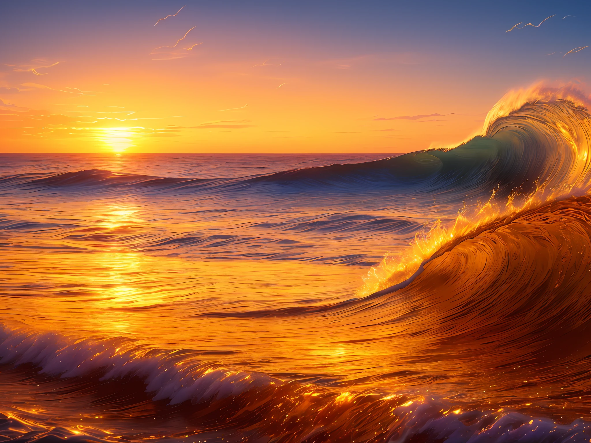 Masterpiece, best quality, (8k very detailed CG unit wallpaper) (best quality), (best illustration), (best shadows) a golden sea wave, bright orange aol sunset through the wave, golden droplets flying, (:1.6)