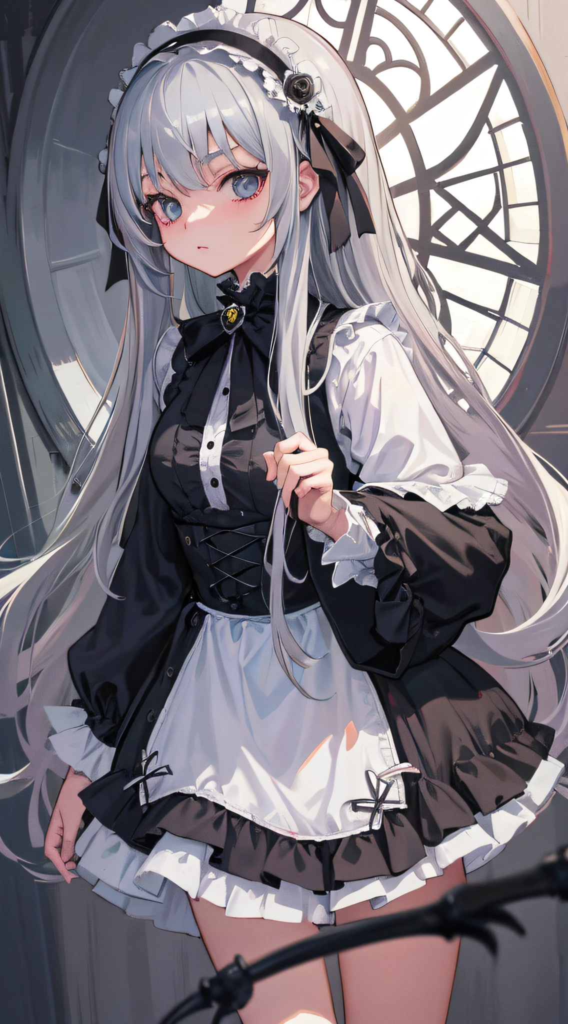 loli, gray hair, gothic art, wide angle, best quality, masterpiece