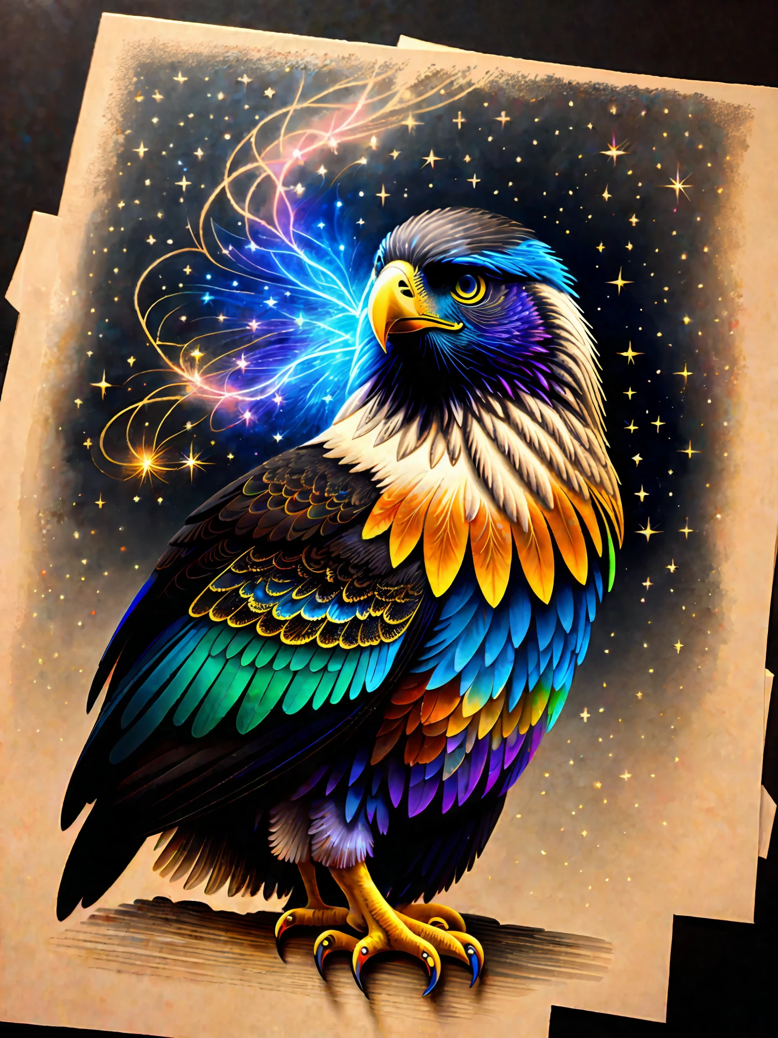 a painting of a colored eagle on a black background,, breathtaking rendering, within a radiant connection, inspired by Kinuko Y. Craft,, magical elements, kitten icon, wow, is beautiful, casting a multi colorful spell, bright flash, flash