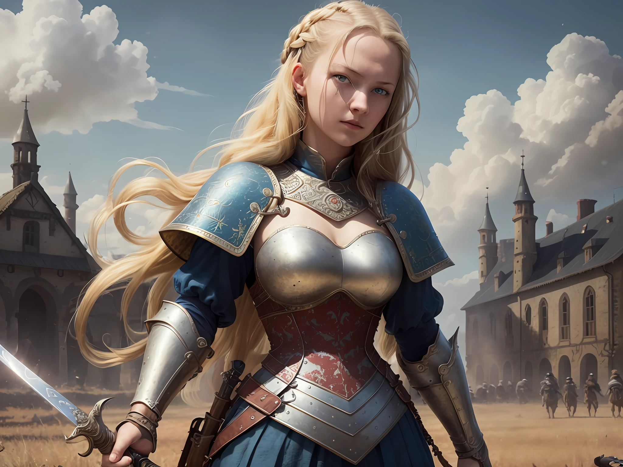(masterpiece, high quality, best detail), proper lighting, soft blur, dynamic angle, (female: 1.3), perfect blue eyes, (medieval warrior queen, late 1930s, braided blonde hair, blood splatter: 1.3 ), braided blonde hair, (holding a sword: 1.5), full body, blue sky, lots of clouds, devastated field in the background, open plan, (extremely detailed 8k CG wallpaper), (masterpiece), (best quality: 1.0), high contrast, (ultra highres: 1.0), beautiful lighting, perfect lighting, realistic shadows, [highres], detailed skin, ultra-detailed 70mm lens --auto --s2