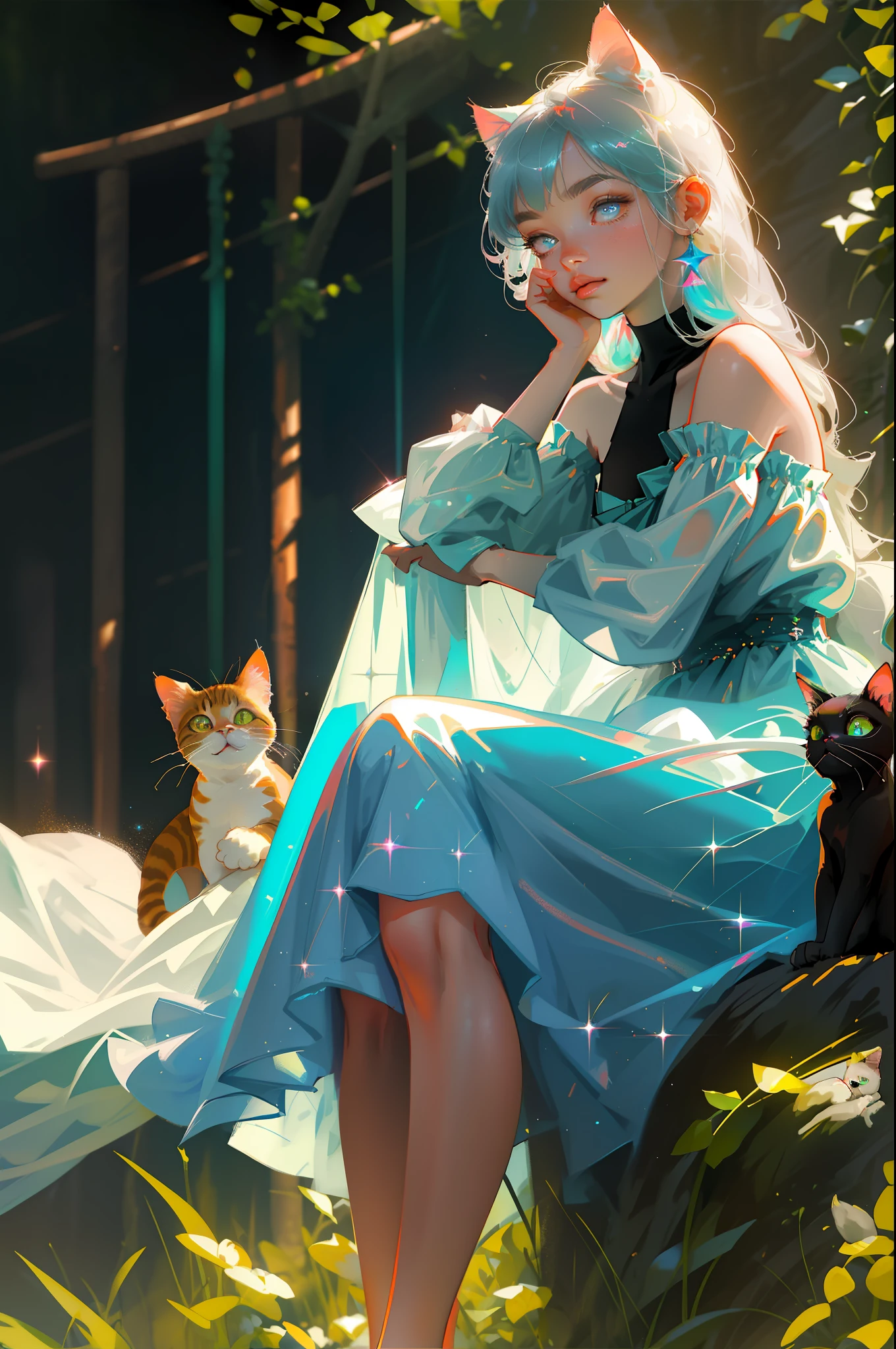 Masterpiece, best quality, super high resolution, fluorescent color,
1 girl, looking at the audience, beautiful face, beautiful eyes, (off-the-shoulder: 1.2), head up, upper body, forest, shiny hair, shiny skin, glowing cut, chibi, finger proportion coordination, black starlight dress, particles, cat ears, cat tail, sitting position, leg and foot close-up, cat paw, cat foot, cute