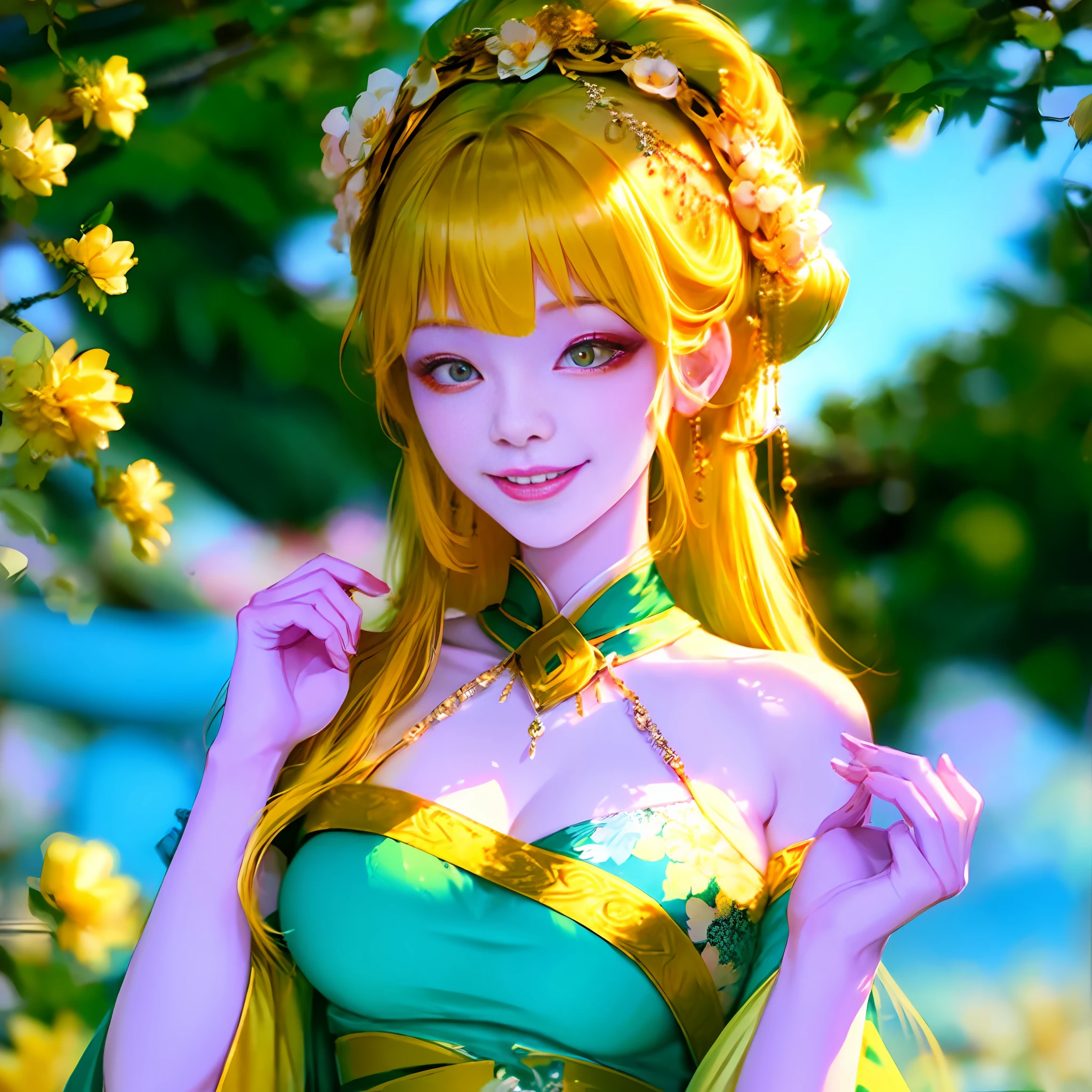 Best quality, 1girl, yellow hair, side-sweep bangs, sideburns, green eyes, hair tied, traditional clothing, antique style, flowers on the head, smile, grin, text, logo, culture, face, big breasts,