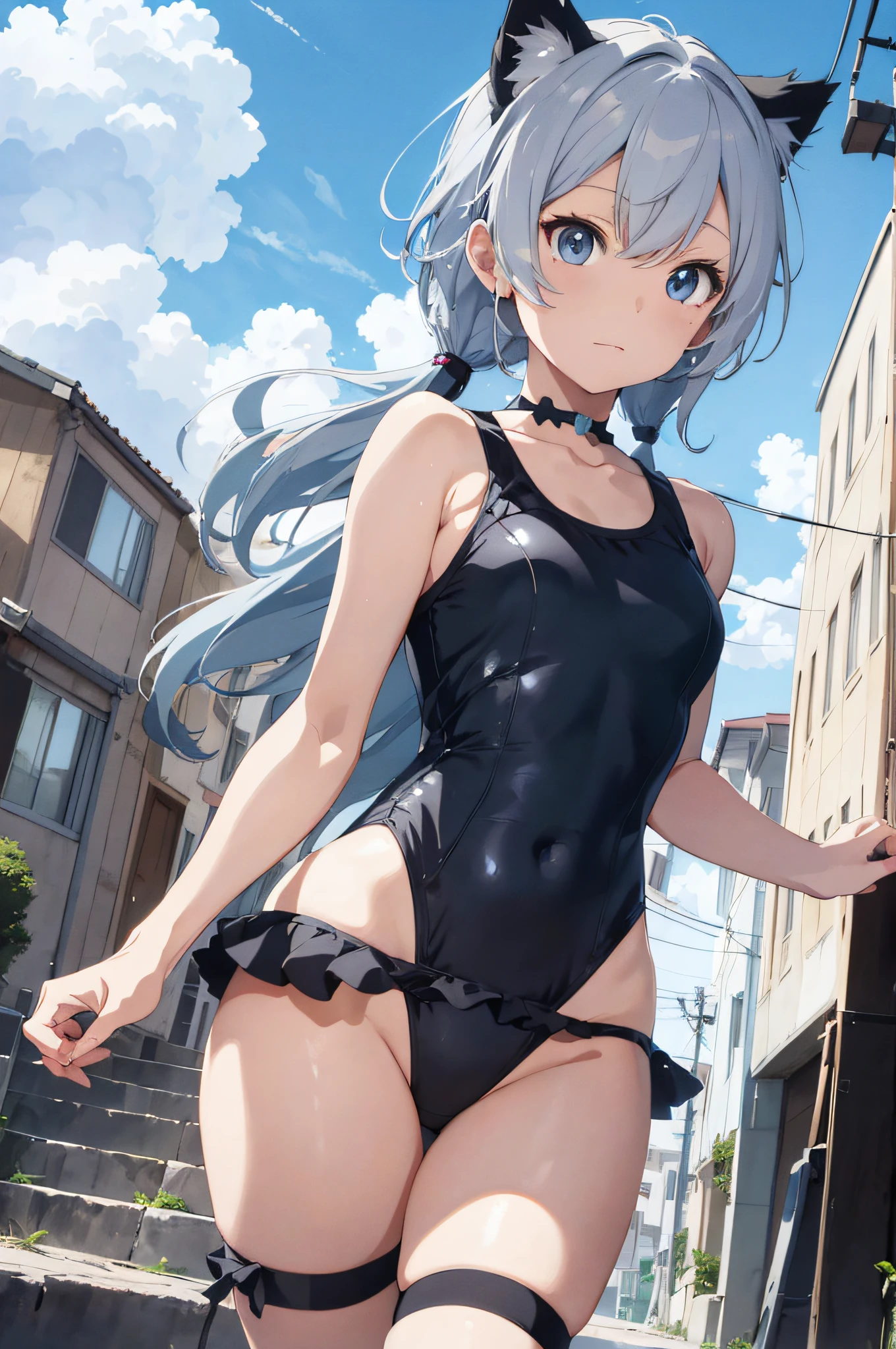 Silver haired anime cat ear girl in school swimsuit with cat ears, shoulder look, anime drawing by Yang J, pixiv contest winner, serial art, digital anime illustration, kawashi, anime style illustration, anime style 4K, small, loli, beautiful anime portrait, anime style portrait, anime style artwork, Guweiz style artwork, anime illustration, digital anime art, detailed digital anime art, beautiful blue sky, ((beautiful clouds))