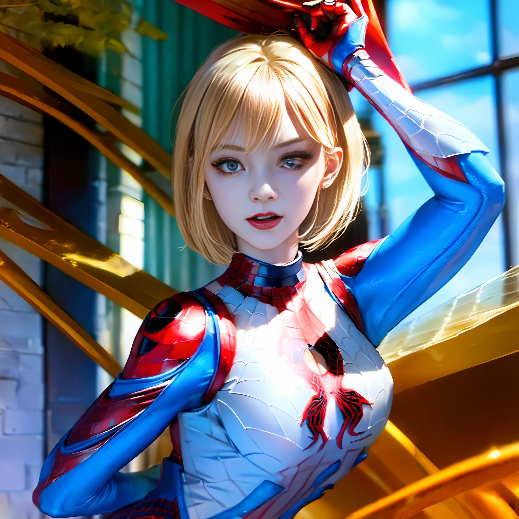 Gwen Stacy, 4k, realistic, glamorous, very detailed, in the smoke of the battlefield, wearing Spider-Man's blue-white-red uniform, she is Spider-Man, superhero theme, short blonde hair, 25 years old, full body, best angle, masterpiece photography, big breasts, tentacles, spider silk, bondage,