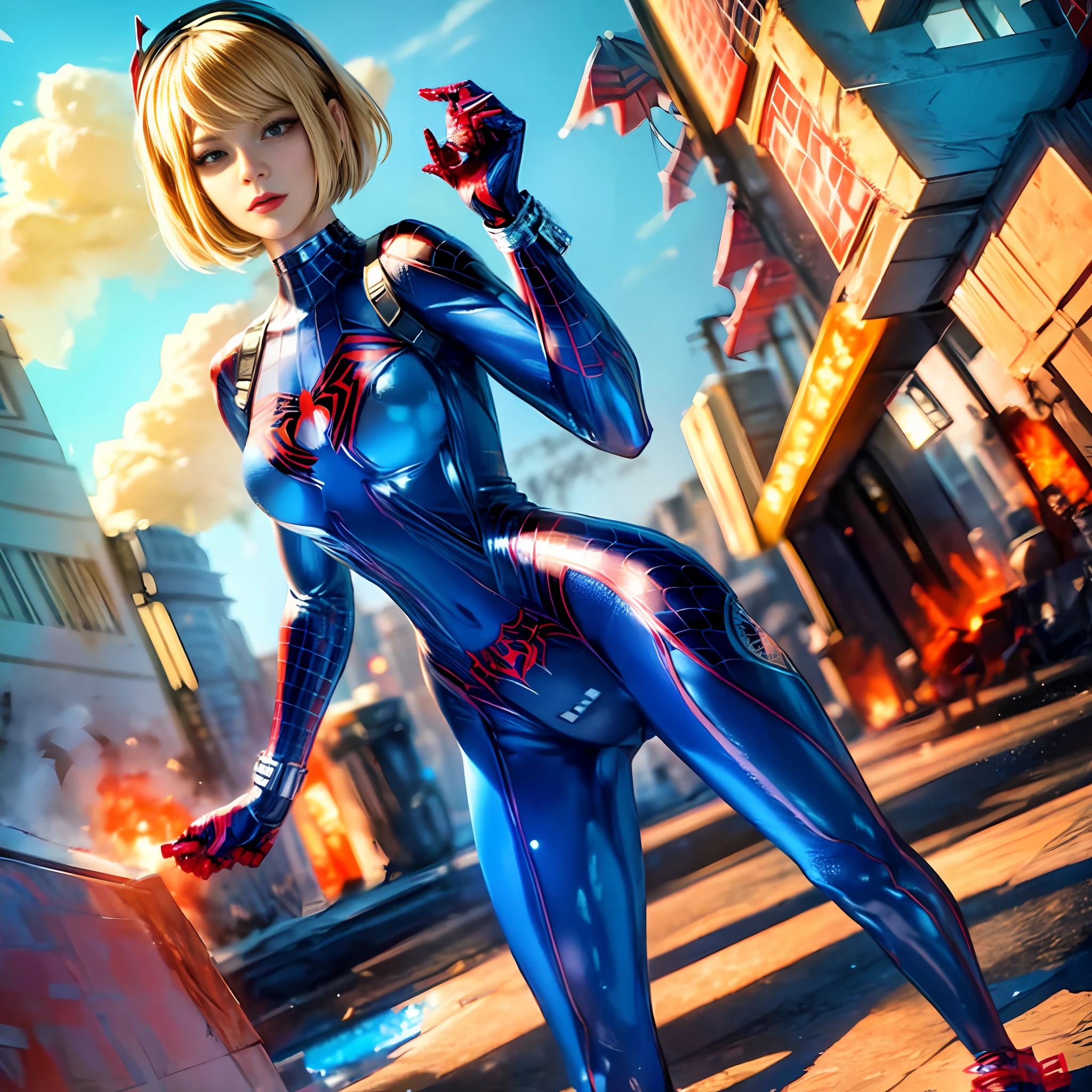 Gwen Stacy, 4k, realistic, glamorous, very detailed, in the smoke of the battlefield, wearing Spider-Man's blue-white-red uniform, she is Spider-Man, superhero theme, short blonde hair, 25 years old, full body, best angle, masterpiece photography, big breasts, tentacles, spider silk, bondage,