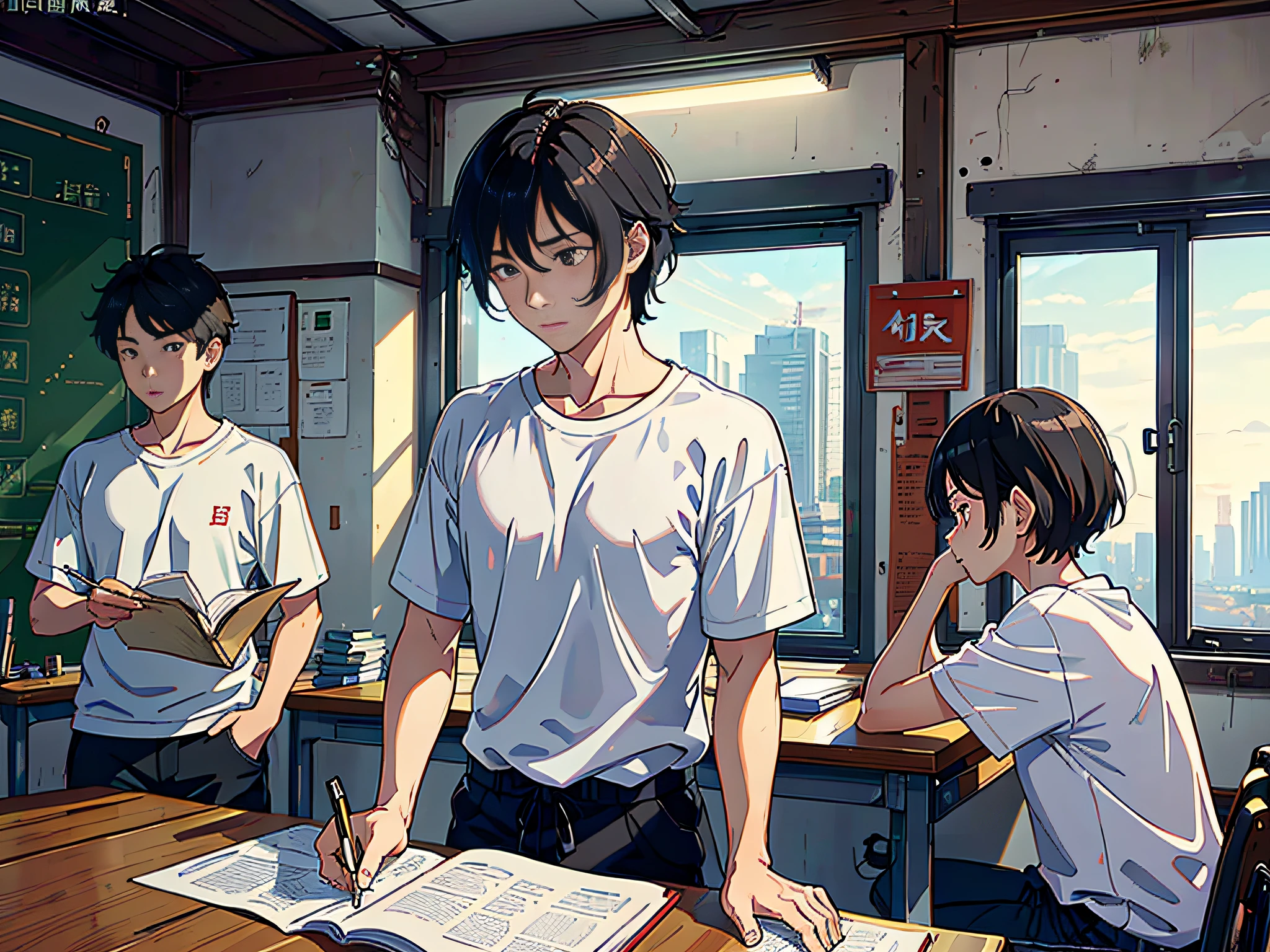 A man is sitting in the classroom, boy, male classmate, in the campus classroom, this male classmate is wearing a white T-shirt, short black hair, holding a pen in his hand, there are test papers, there are books, the lens is mainly featured on the upper body, in the Loepfe art style ((Xinhai City), popular in CGStation, Xinhaicheng H 2160, inspired by Bian Shoumin, Xinhaicheng, Kavasi, Guvitz style, high-quality pictures, 4K, 8K, resolution,