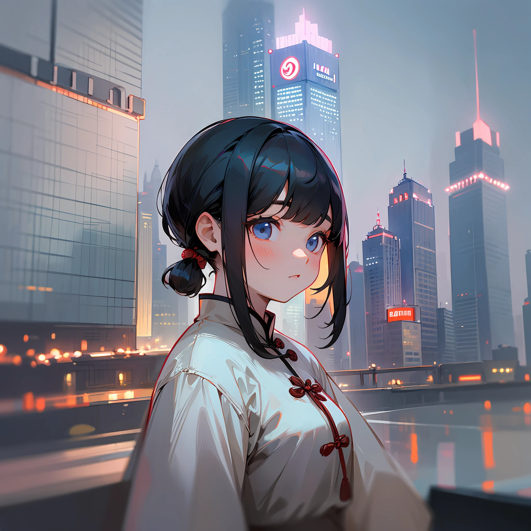 A Chinese girl, round face and bangs, stood inside the hotel in Lujiazui, looking at the Bund opposite --auto --s2