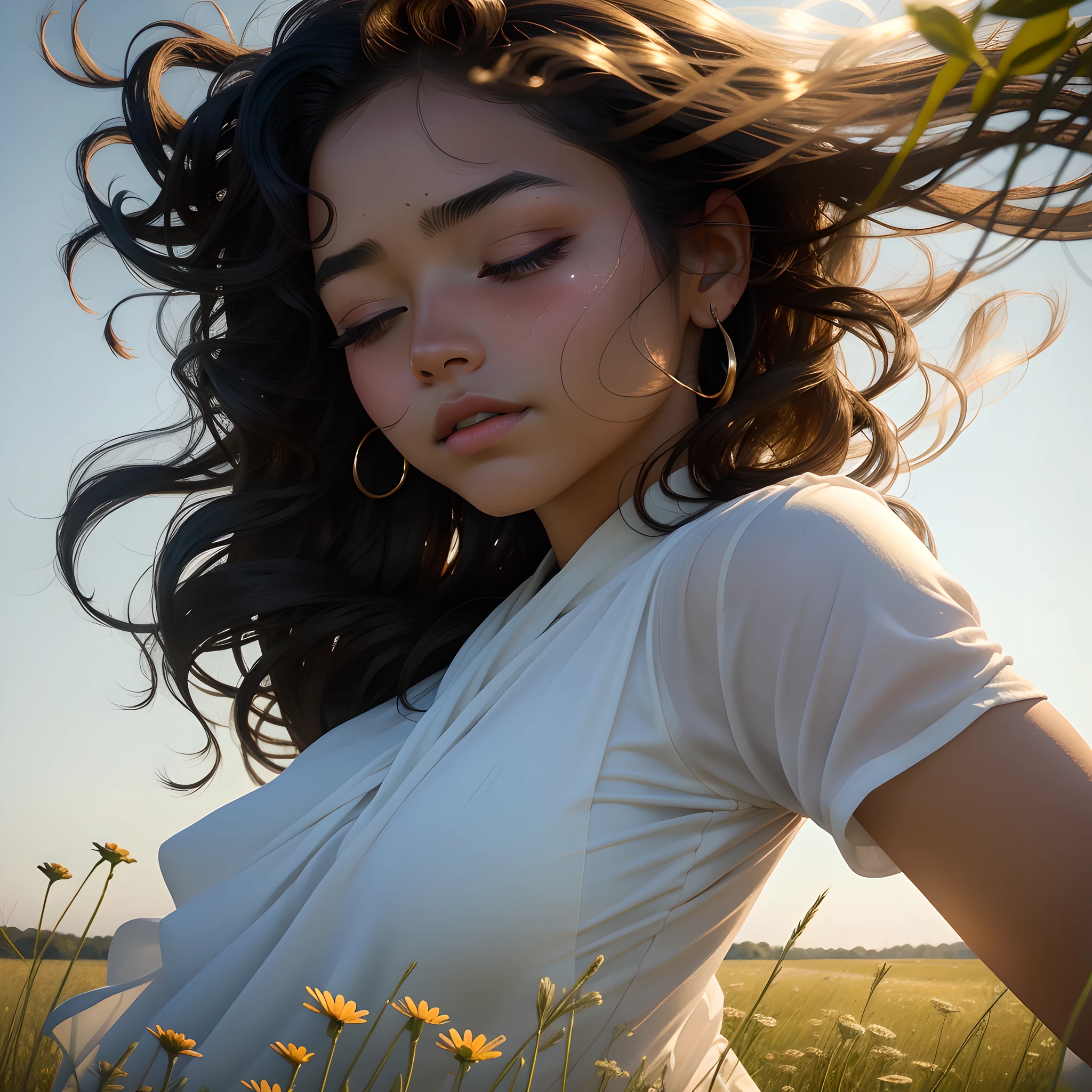 In the middle of an open field, where nature stretches as far as the eye can see, a young woman of about 15 years stands out. Her skin is dark and her hair is full of voluminous curls that dance in the wind. She is immersed in the tranquility of the moment, closing her eyes gently.

Sunlight pours over her, embracing her face with its golden rays. This soft lighting enhances the texture of your skin and highlights the delicate contours of your features. A faint smile is drawn on his lips, revealing a serenity and gratitude within.

As the sun's rays penetrate through her closed eyelids, tears gently slide down her cheeks, shining like gleaming little pearls. These tears are witnesses of deep emotions, a mixture of joy, sadness and hope, which manifest themselves in their expression and in the marks they leave on their face.

The girl surrenders to the moment, allowing the tears to flow freely, without shame or embarrassment. They are symbols of your sensitivity and the intensity of your emotions. She finds an intimate beauty in this act of allowing herself to feel, embracing vulnerability as a force that strengthens her.

The surrounding environment contributes to the emotionally charged atmosphere. The open countryside stretches as far as the eye can see, with undulating grasses and colorful flowers dotting the landscape. The sky is a vast blue canopy, offering a dramatic contrast to the young woman and her bright tears.

This image captures the delicacy and strength that coexist in the essence of the young woman. She finds peace and connection with herself and the world around her, closing her eyes and allowing sunlight and tears to intertwine in a moment of pure authenticity. It is a portrait of the beauty that lies in vulnerability and the ability to feel deeply.