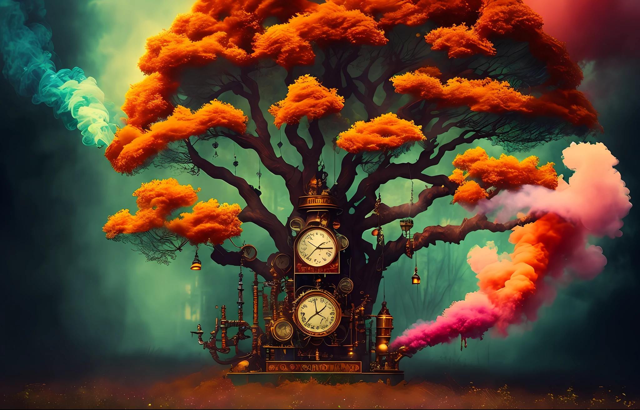 dreamlikeart tree of live, colorful smoke, insane details, steampunk details, intricate details, hyperdetailed,