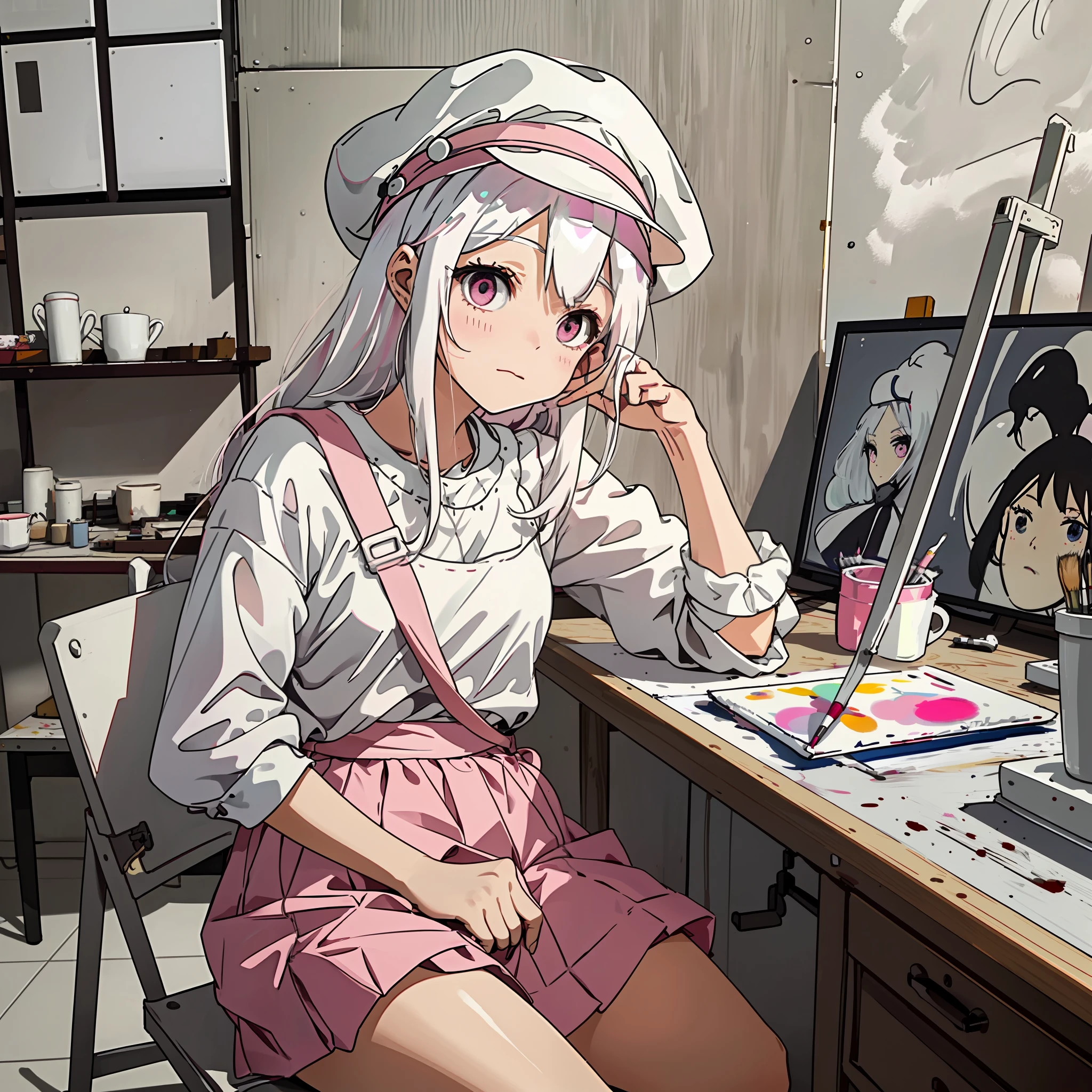 White-haired girl, empty eyes, white painting hat, pale pink satchel, clean pink short skirt, obediently sitting in the studio to paint