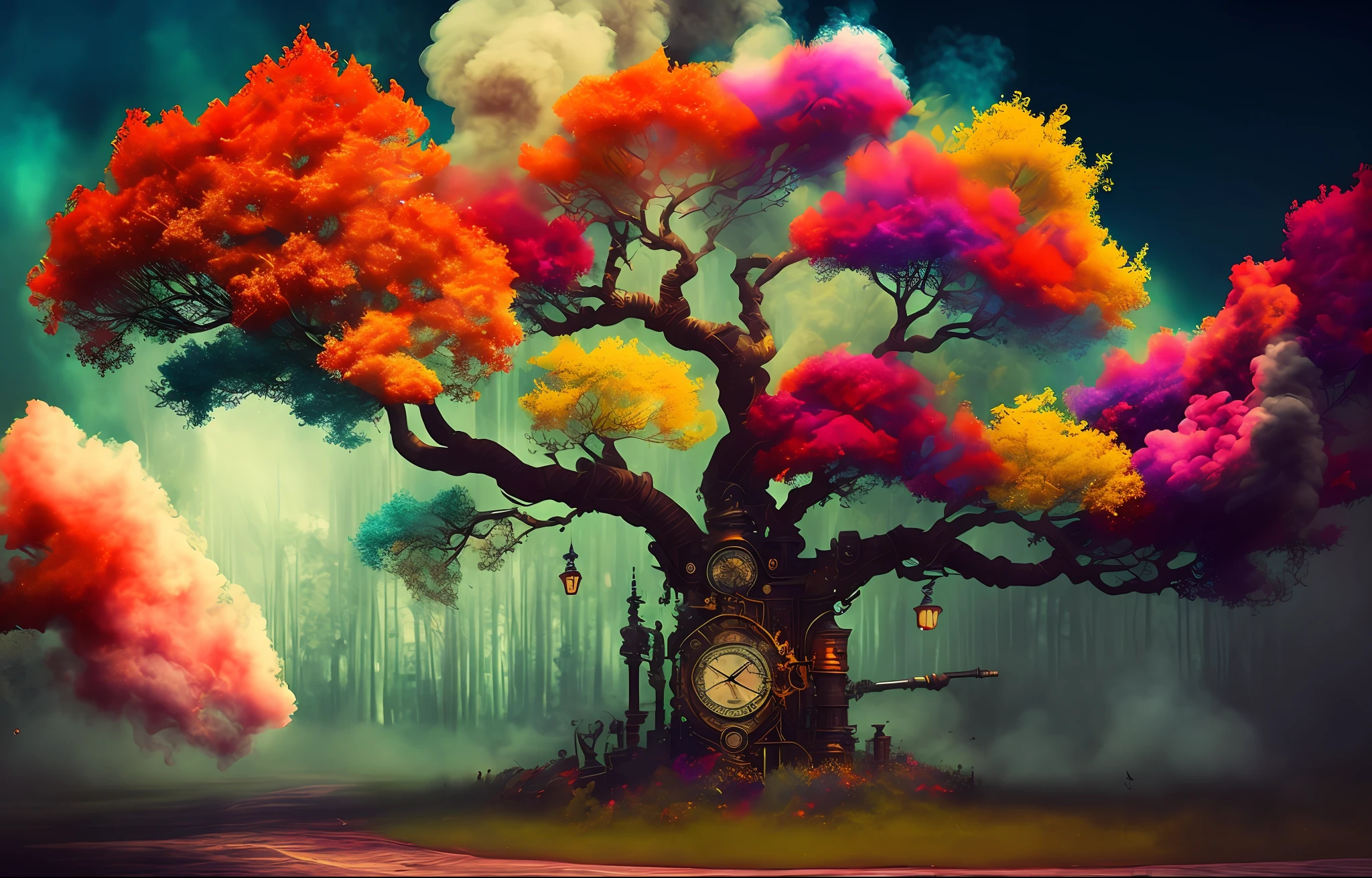 dreamlikeart tree of live, colorful smoke, insane details, steampunk details, intricate details, hyperdetailed,