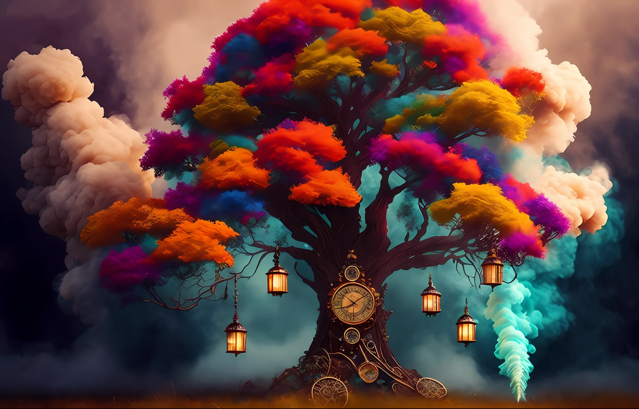 dreamlikeart tree of live, colorful smoke, insane details, steampunk details, intricate details, hyperdetailed,