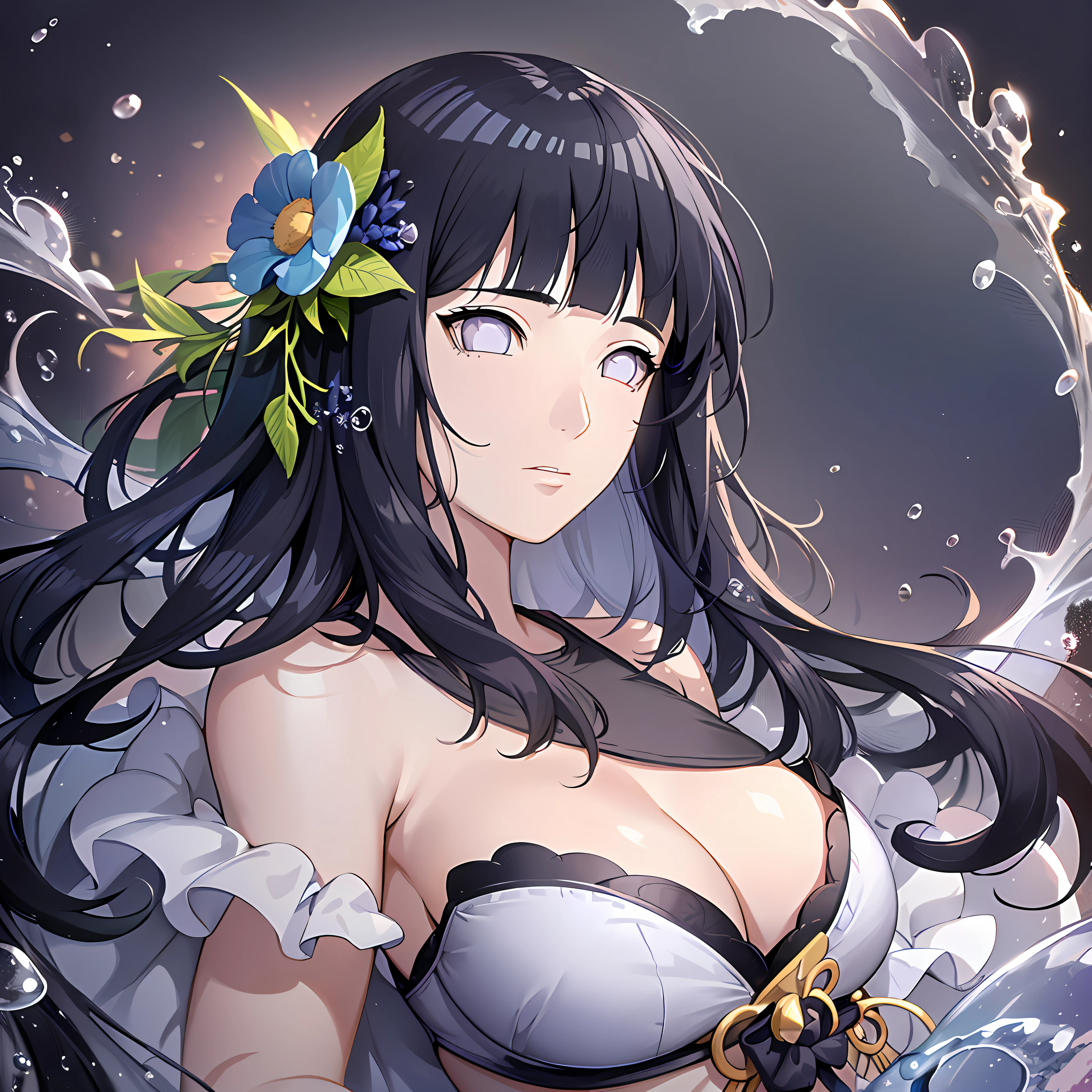 (masterpiece), (best quality), (ultra detailed),(disheveled hair),(illustration), (1girl), (Fashionable clothing), standing, Fashion model, looking at viewer, (interview), (simple background),beautiful detailed eyes, delicate beautiful face, Floating,(high saturation),(colorful splashes),colorful bubble,(shining), focus on face, , dark blue hair, bangs, hair ring, floating flowers, floating hairs.Girl, anime waifu, looking at viewer, highlydetailed, reflections transparent iridescent colors, long transparent iridescent RGB hair, artby Serafleur from artstation, thick acrylic,illustration on pixiv, waist up portrait, gorgeoussacred girl, best quality, ultra detailed,sad,clever,beautiful face , beautiful lighton black background, Character stvle renderedby Octane, huge breasts, sexy pose, cowboy shot, UHD