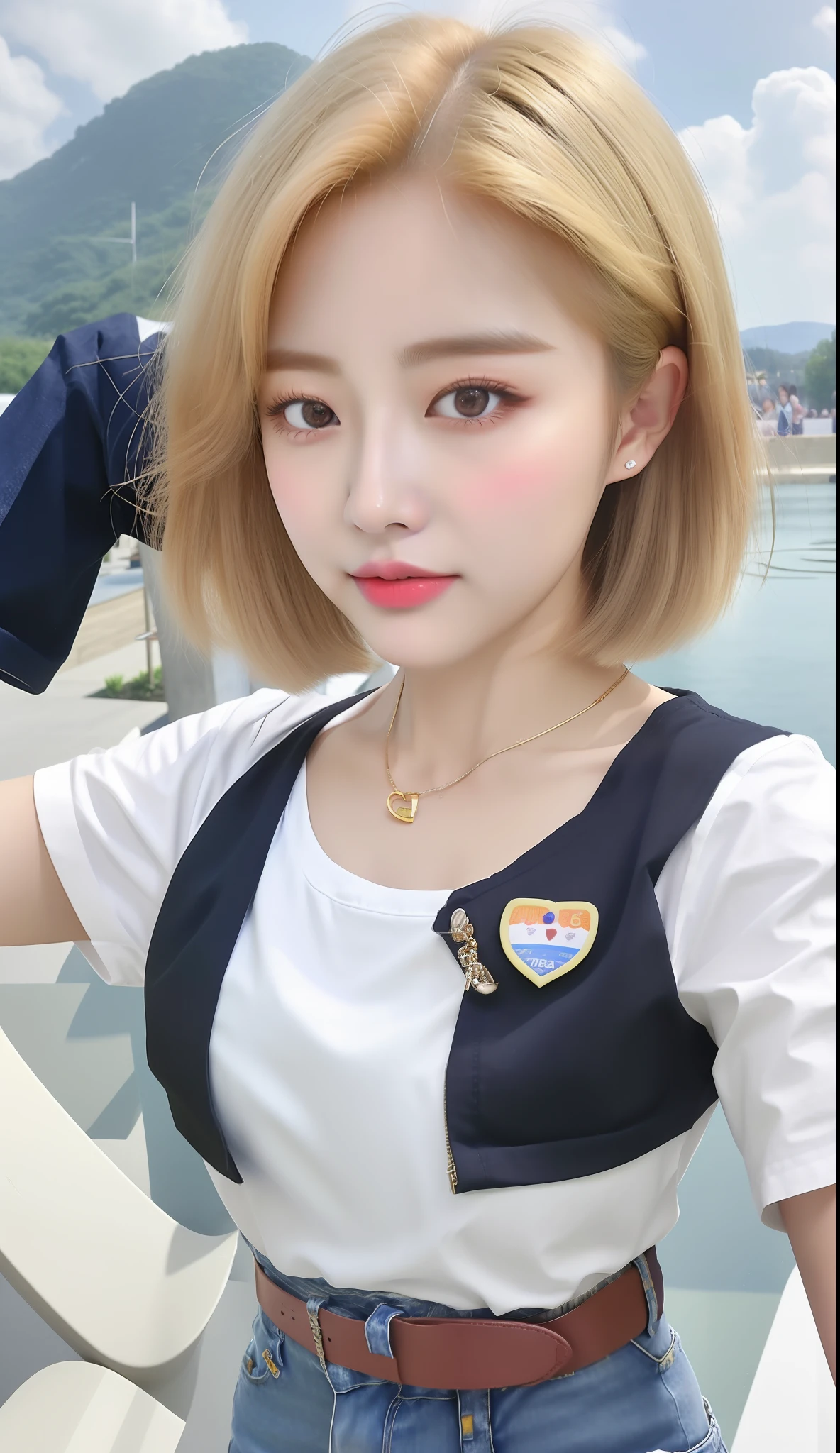 araffe girl with blonde hair wearing a white shirt and blue jeans, sun yunjoo, with short hair, ulzzang, heonhwa choe, cai xukun, jinyoung shin, tzuyu from twice, roseanne park of blackpink, jaeyeon nam, lee ji-eun, lee ji - eun, lalisa manobal, park ji-min