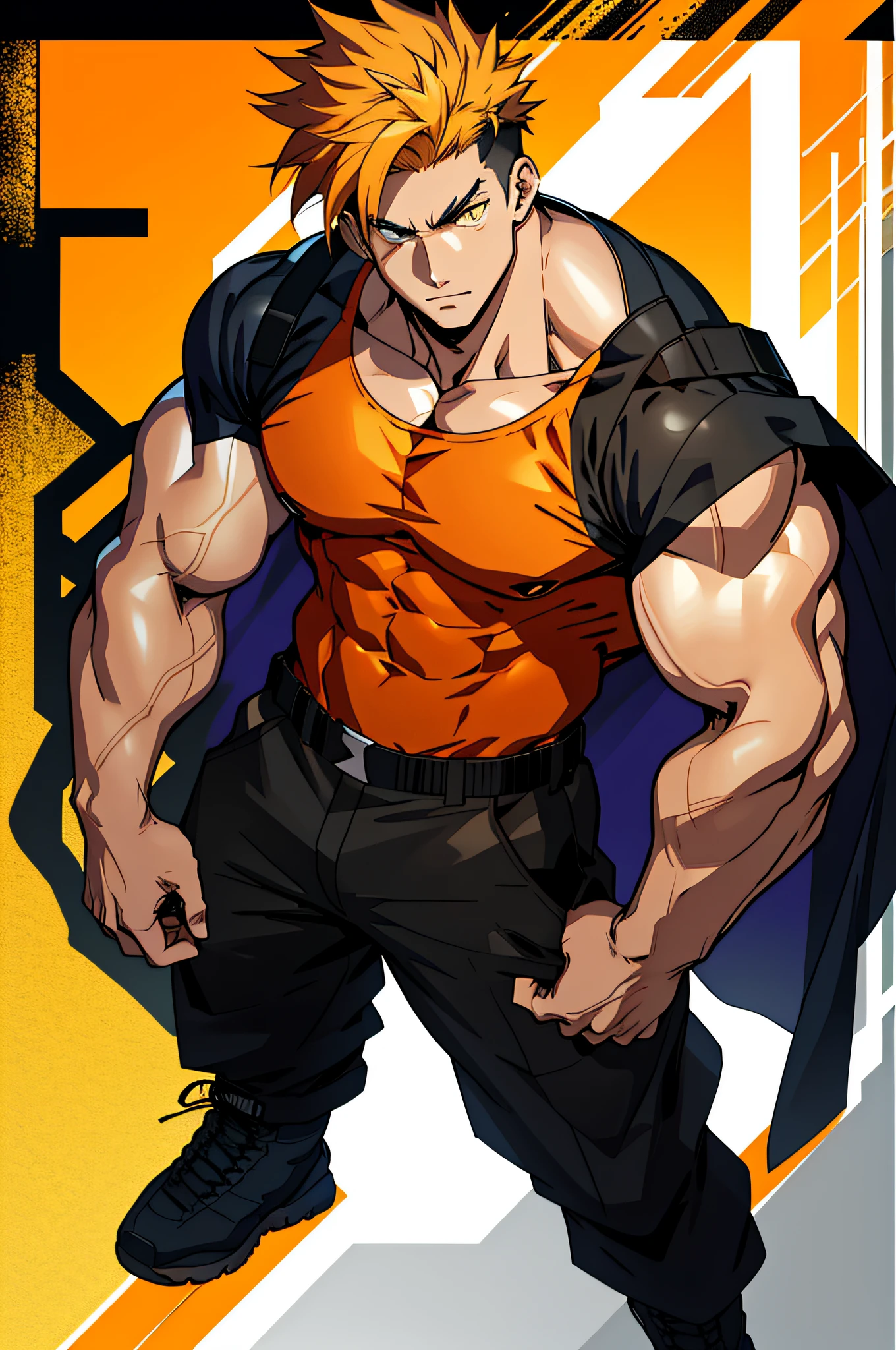 Anime style art, anime style drawing, front image, full body, muscular male character, protagonist, yellow eyes, caramel colored hair and short military style, muscular character, wearing blue tank top shirt, wearing black shorts, wearing black boots. Full body image, frontal image, protagonist character, heroic character, intimidating posture, muscular character, bodybuilder body, frontal image, full body image, muscular character!!!