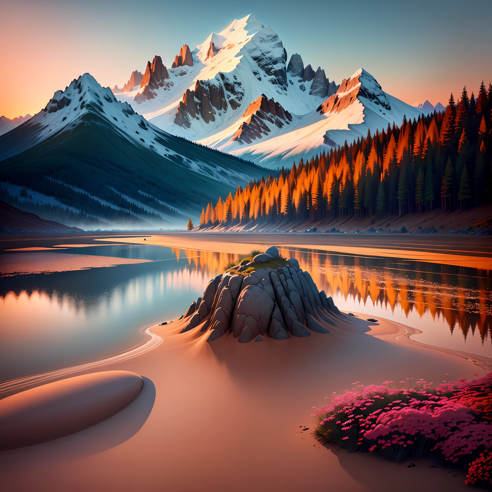Create a landscape for me, a beautiful place, full of flower, mountain, 4k sunset