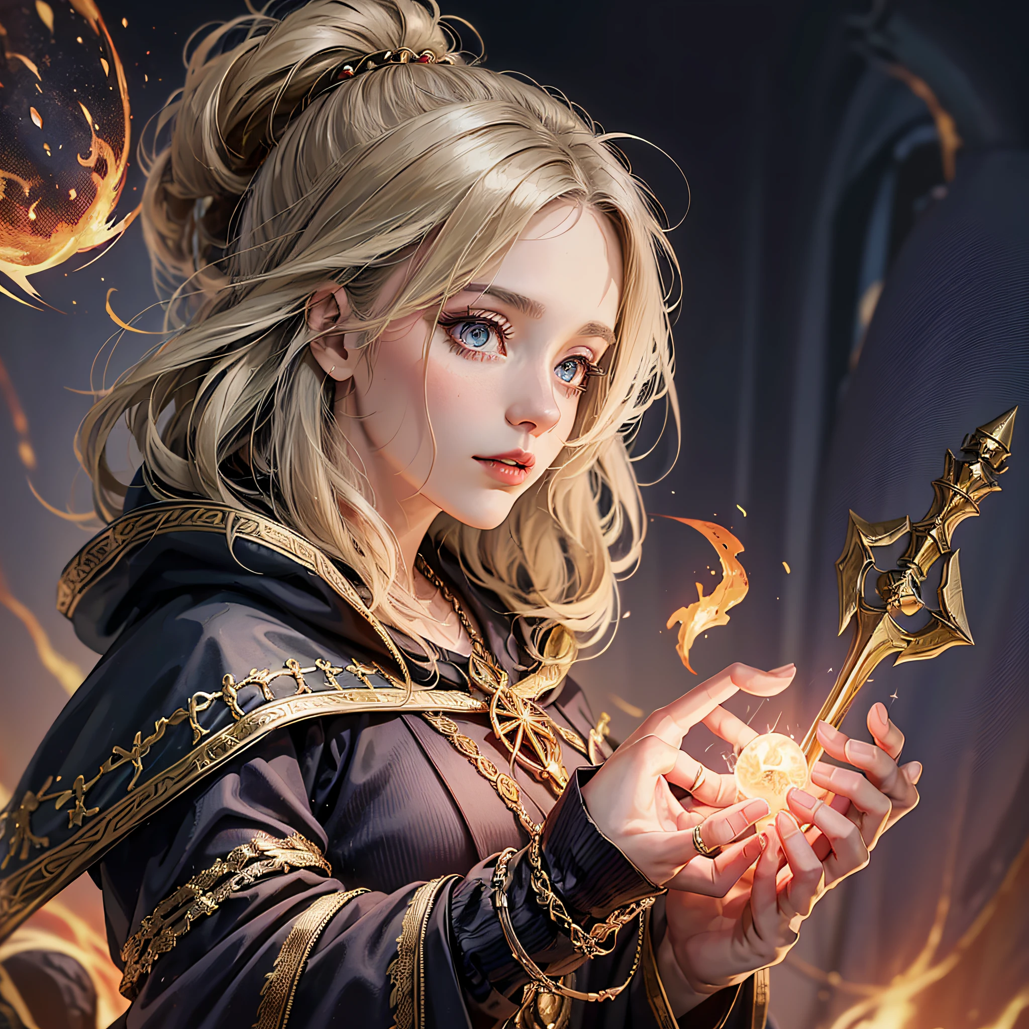 Dressed in a witch costume holding a bright wand, female mage conjuring a spell, dark fantasy female mage, female sorceress portrait, beautiful female sorceress, female mage, female fire mage, fire mage character --auto --s2