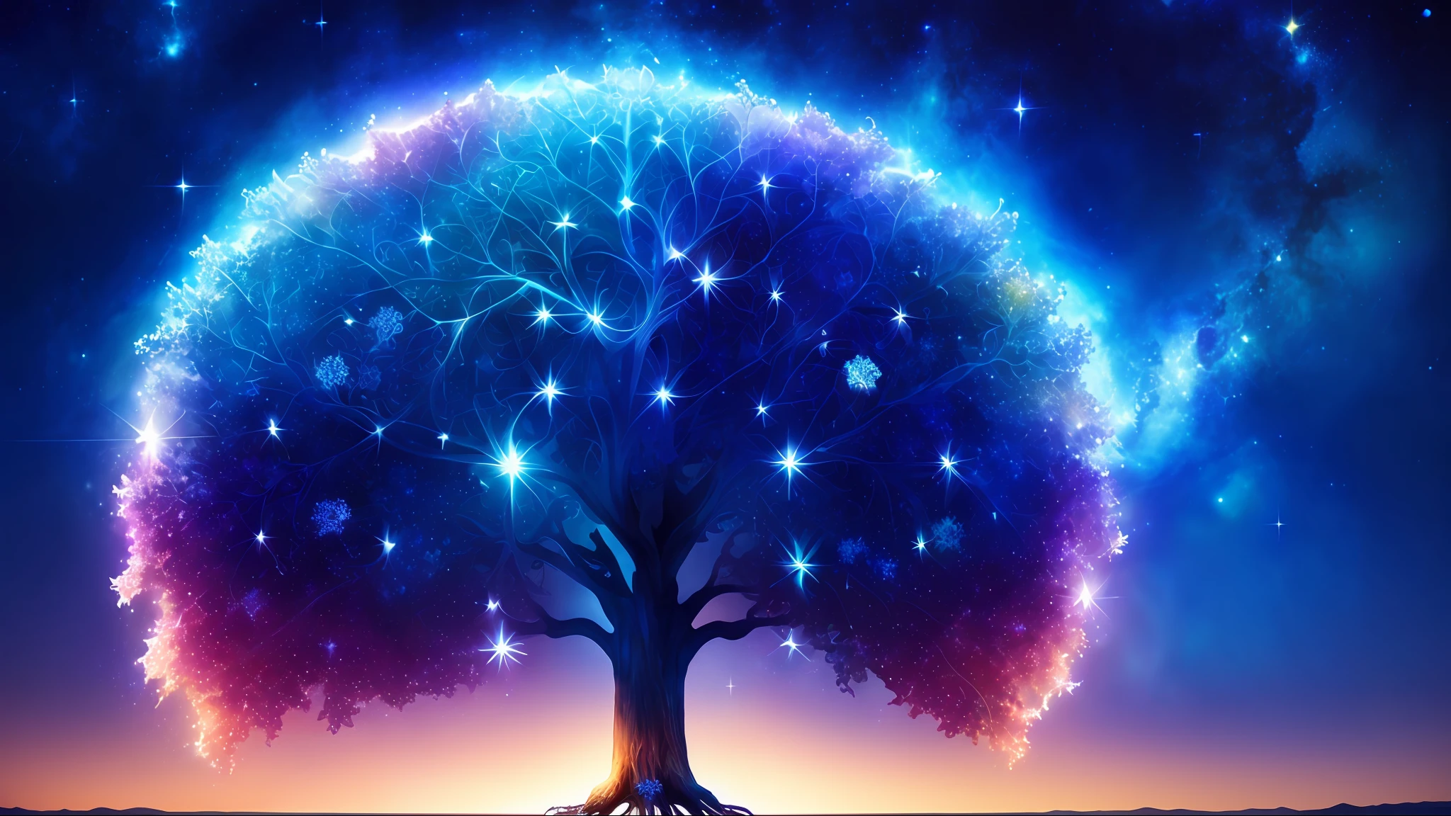 ((magical) tree of life), (night sky), (stars), artwork, (space dust), (nebula), concept art, high definition, high detail, intricate, (masterpiece:1.2), (best quality:1.2)