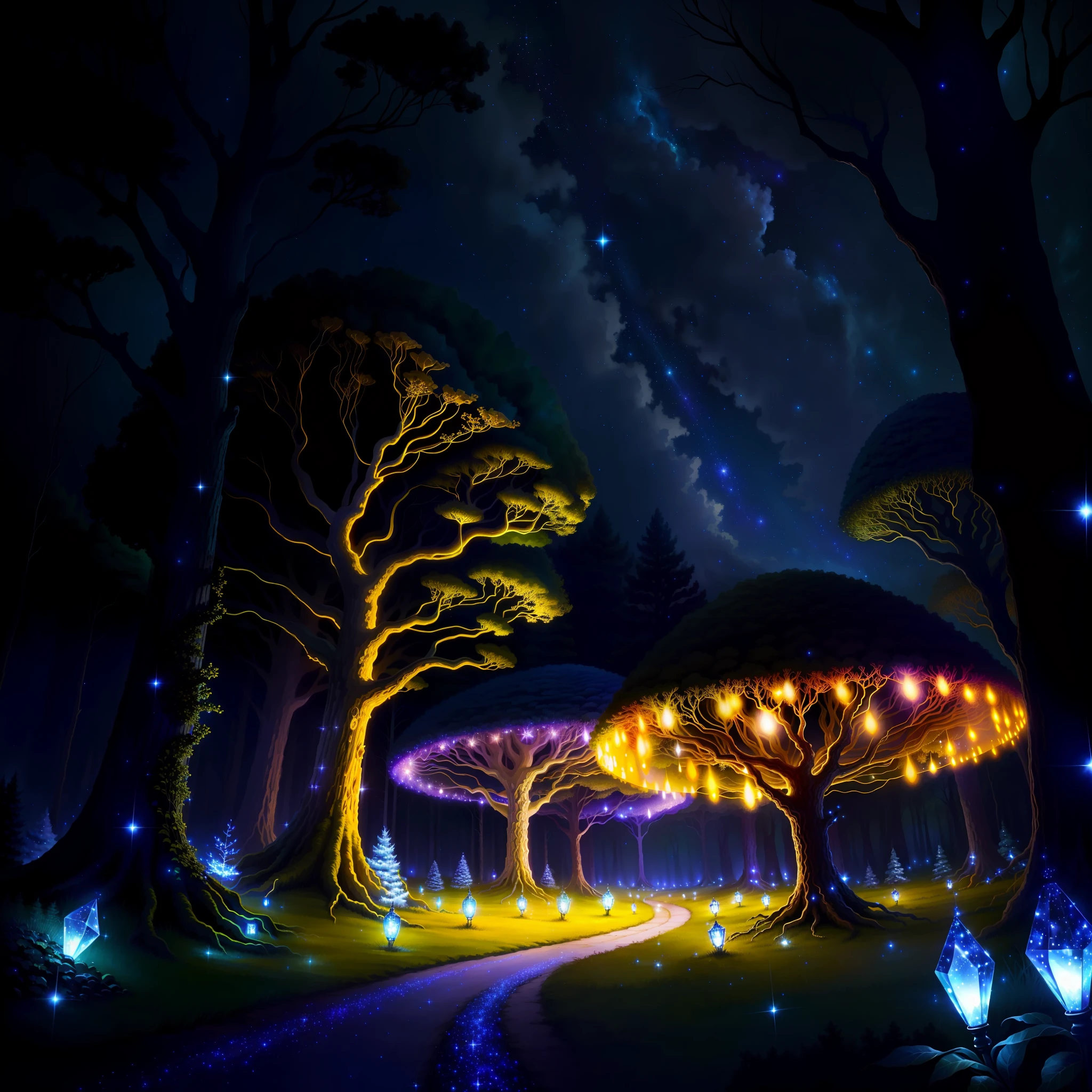 Enchanted and sparkling anthill, wonderful and fairytale forest, fireflies lit and twirling, starry night, majestic trees in the background, atmosphere-upscale, HDR,4K, realistic