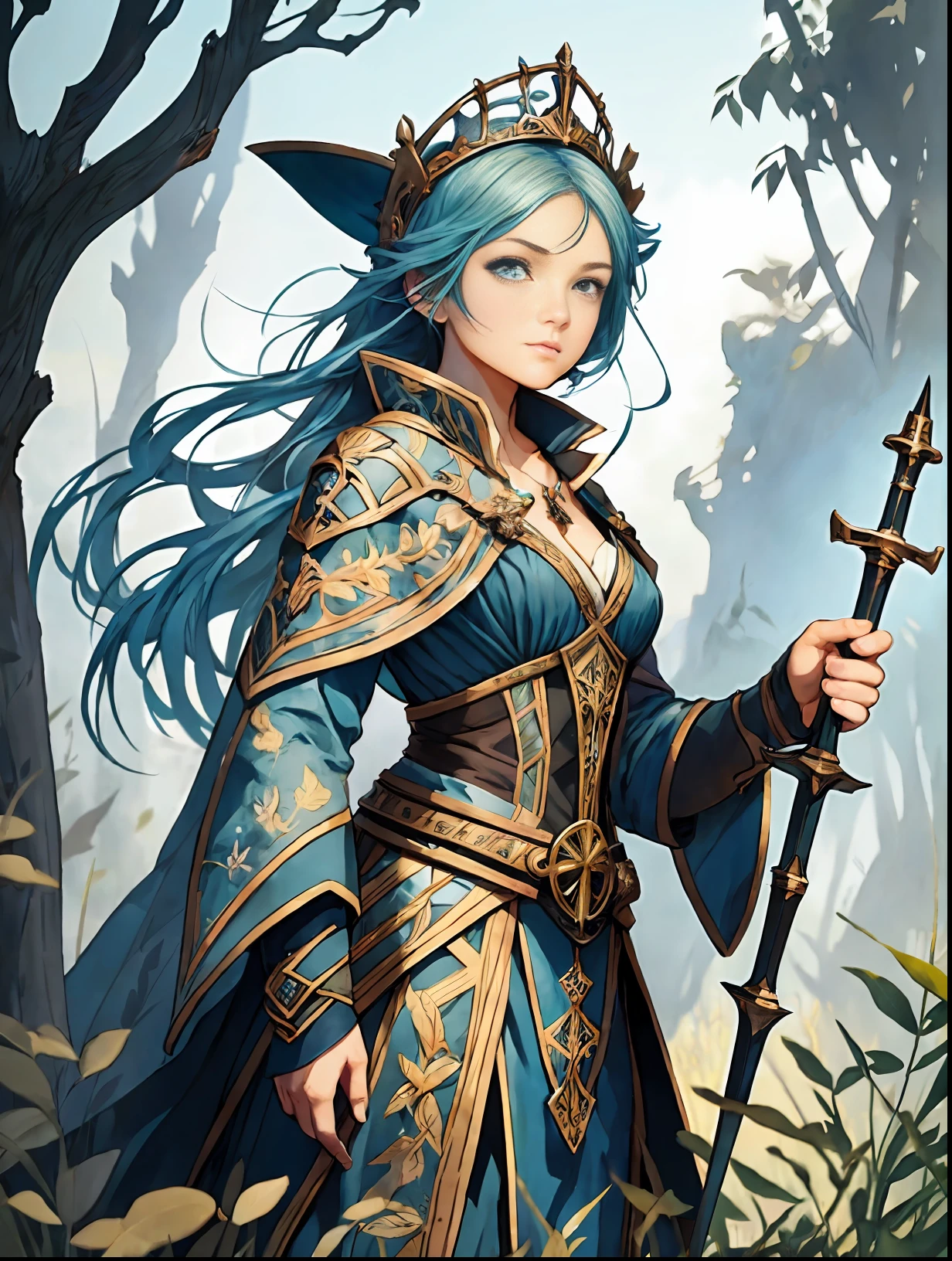 young woman RPG character wizard standing in the field, blue clothing, blue colors, full body, light clothing, light hair, watercolor style, approaching perfection, pure form, concept art, by Brian Froud and Carne Griffiths and Wadim Kashin and John William Waterhouse, intricate details, 8k post-production, high resolution, hyperdetailed, trend in artstation, sharp focus, studio photo, intricate details, highly detailed, by Greg Rutkowsk