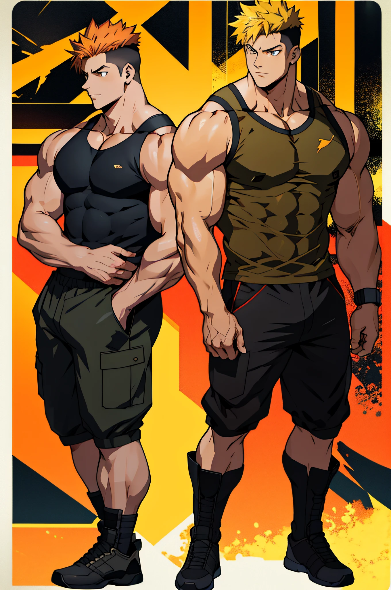 Anime style art, anime style drawing, front image, full body, muscular male character, protagonist, yellow eyes, caramel colored hair and short military style, muscular character, wearing blue tank top shirt, wearing black shorts, wearing black boots. Full body image, frontal image, protagonist character, heroic character, intimidating posture, muscular character, bodybuilder body, frontal image, full body image, muscular character!!!