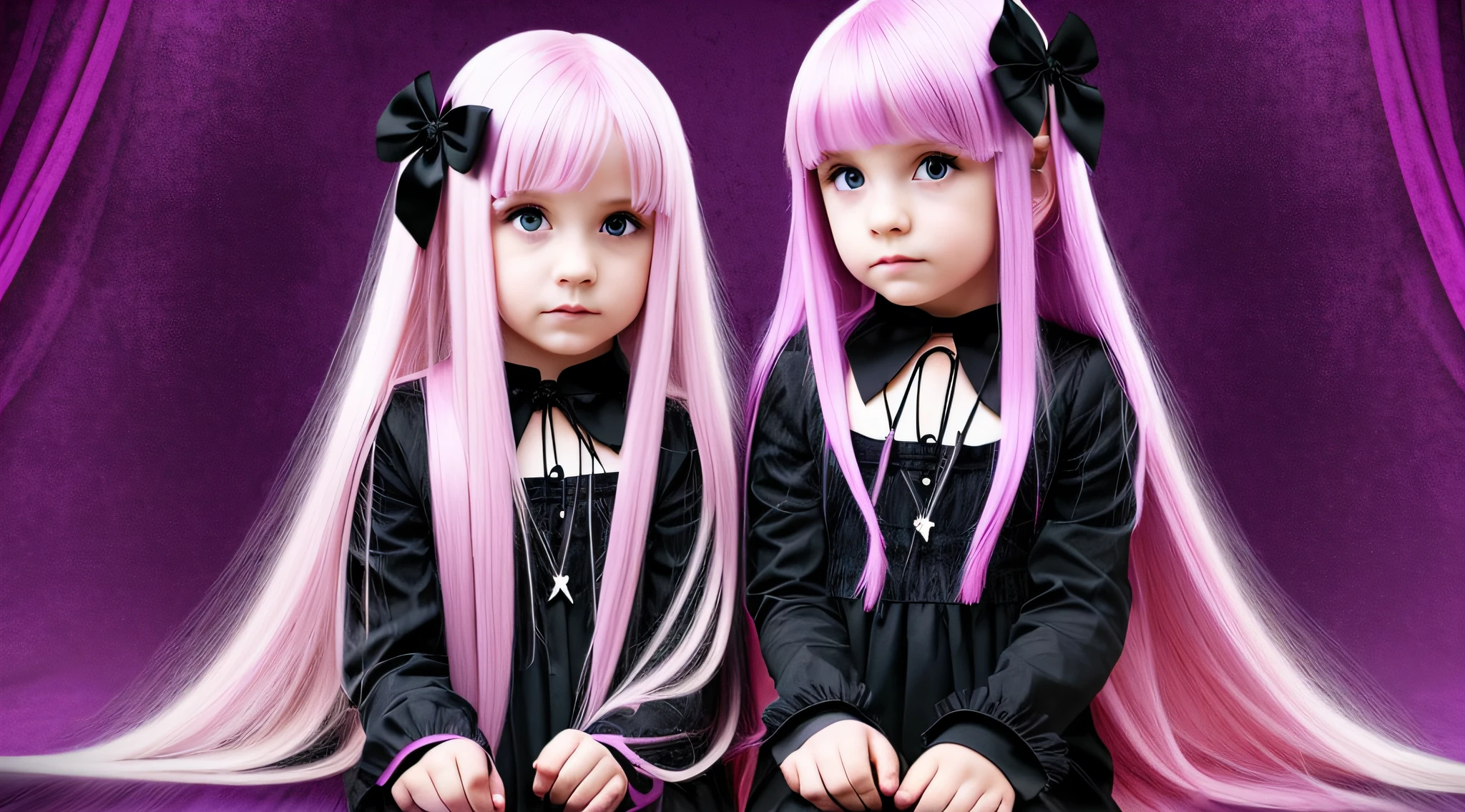 GIRLS CHILDREN, BLONDES WITH VERY LONG STRAIGHT GOTHIC HAIR, PURPLE BACKGROUND., BACKGROUND OF CROSSES.