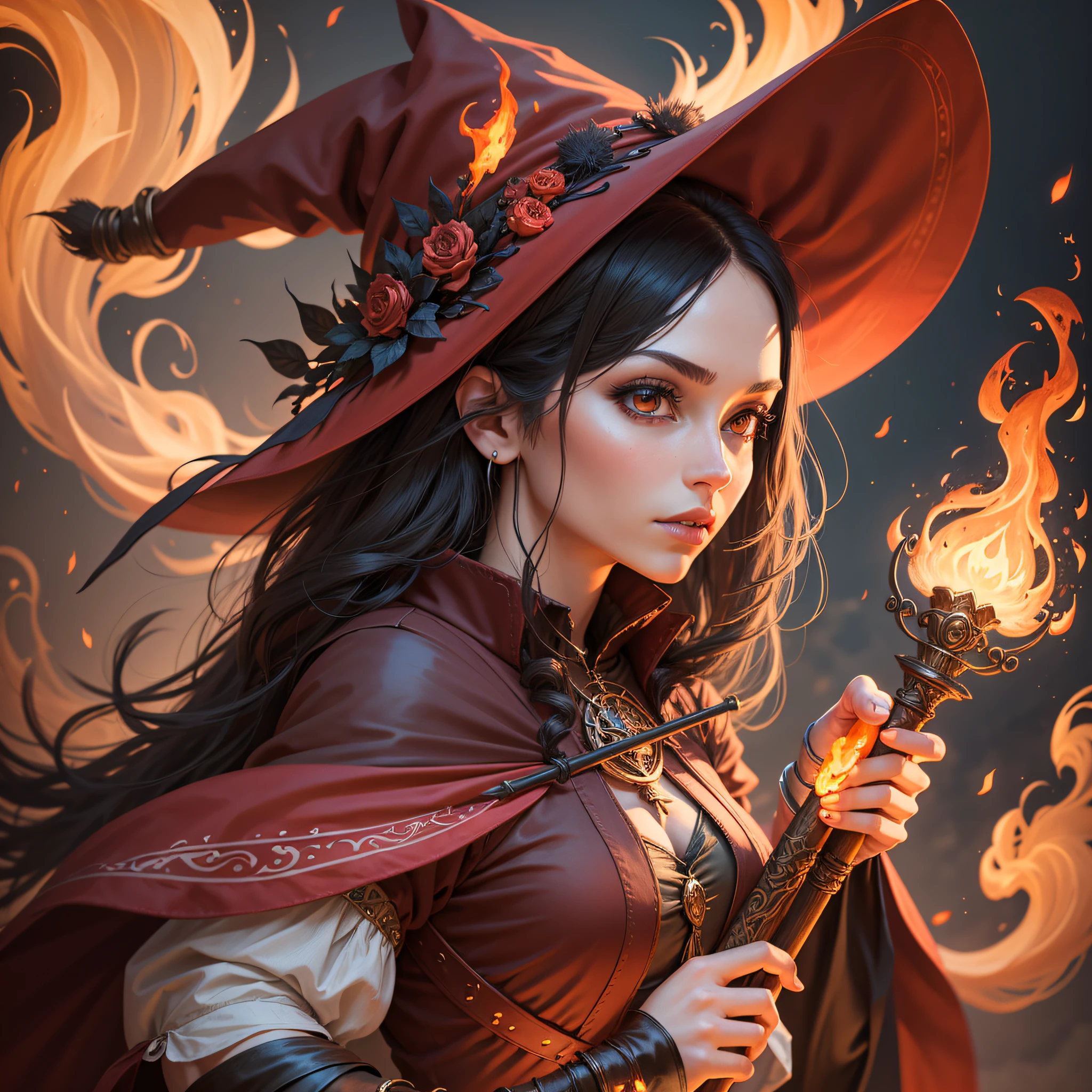 Create a fire mage dressed in a witch costume holding her staff with game-style female magical powers --auto --s2