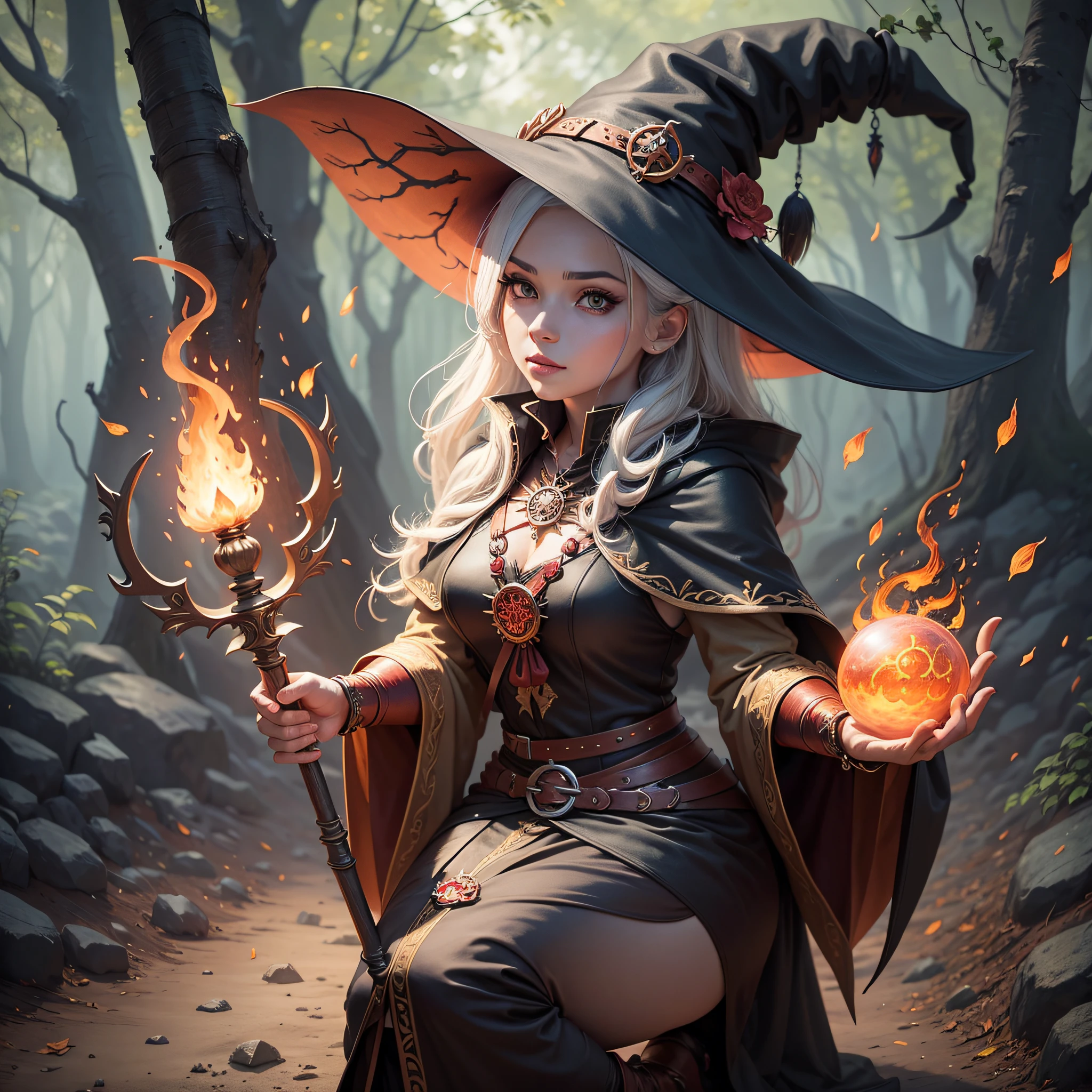Create a fire mage dressed in a witch costume holding her staff with game-style female magical powers --auto --s2