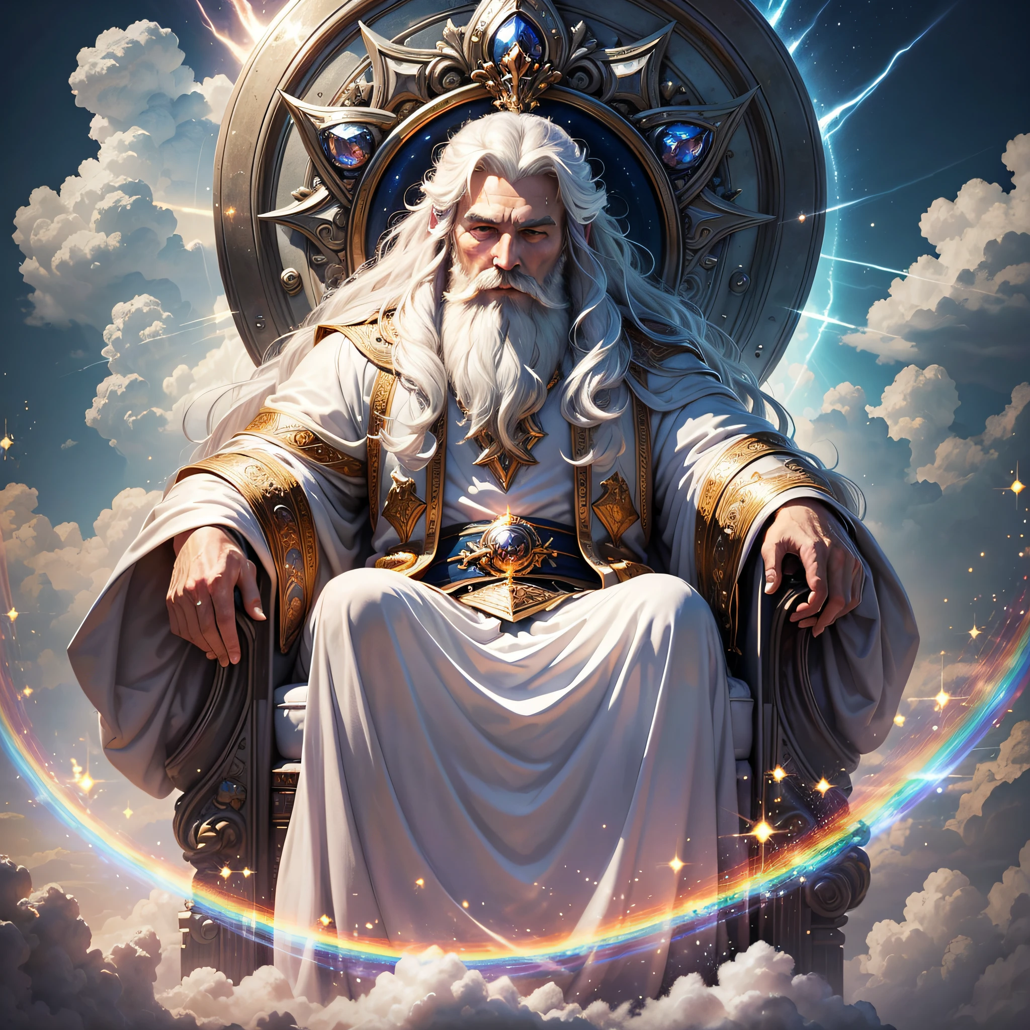 (masterpiece, best quality, ultra-realistic), God's powerful blur throne, made of sapphire stone,floating over the clouds,, high resolution, divine man, majestic, strong, imposing, white hair and beard, white clothes warmth, dazzling light, serene aura, magnificent aura, god (embodiment of power:1.2), glorious, surreal, a rainbow over the throne   (emitting light:1.3), (gleaming:1.2)