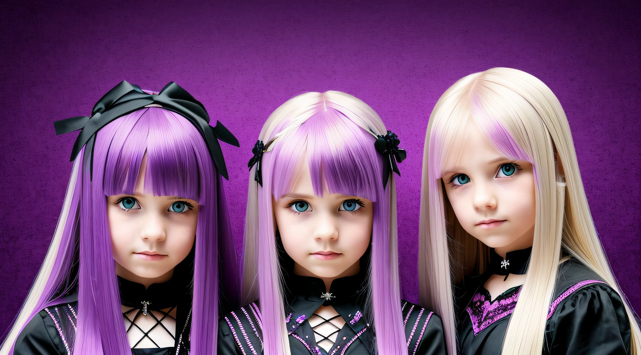 GIRLS CHILDREN, BLONDES WITH VERY LONG STRAIGHT GOTHIC HAIR, PURPLE BACKGROUND., BACKGROUND OF CROSSES.