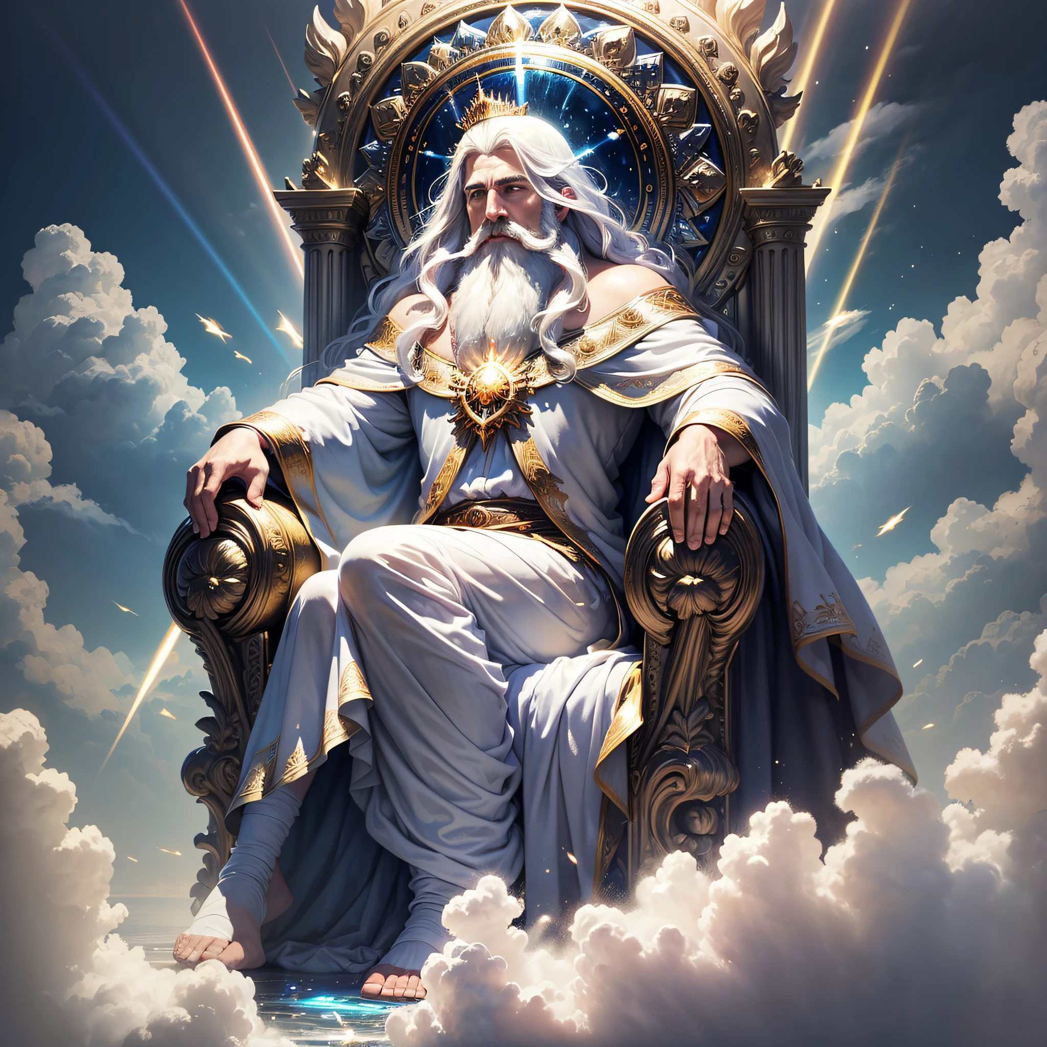 (masterpiece, best quality, ultra-realistic), God's powerful blur throne, made of sapphire stone,floating over the clouds,, high resolution, divine man, majestic, strong, imposing, white hair and beard, white clothes warmth, dazzling light, serene aura, magnificent aura, god (embodiment of power:1.2), glorious, surreal, a rainbow over the throne   (emitting light:1.3), (gleaming:1.2)