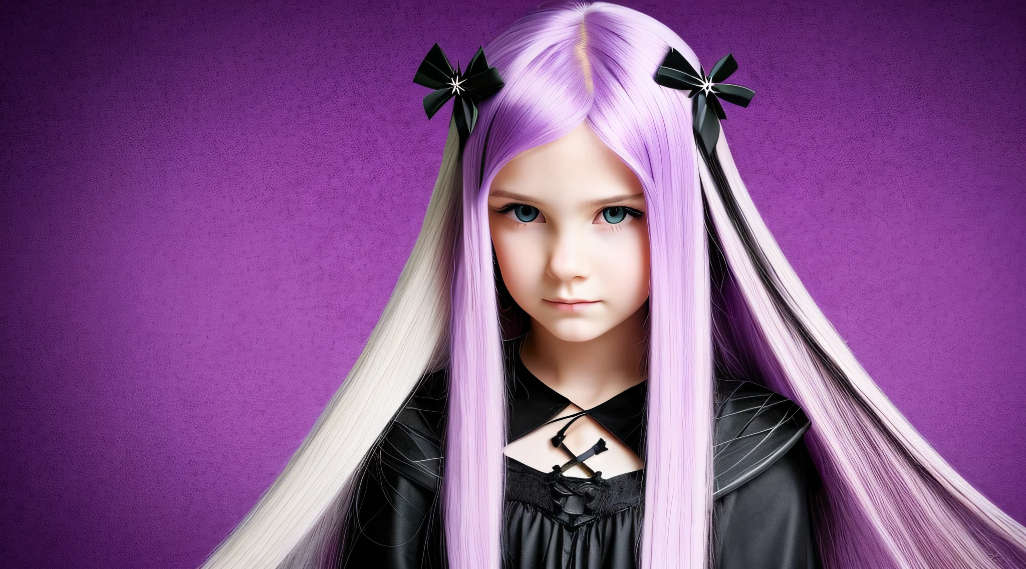 GIRLS CHILDREN, BLONDES WITH VERY LONG STRAIGHT GOTHIC HAIR, PURPLE BACKGROUND., BACKGROUND OF CROSSES. PRAYING.