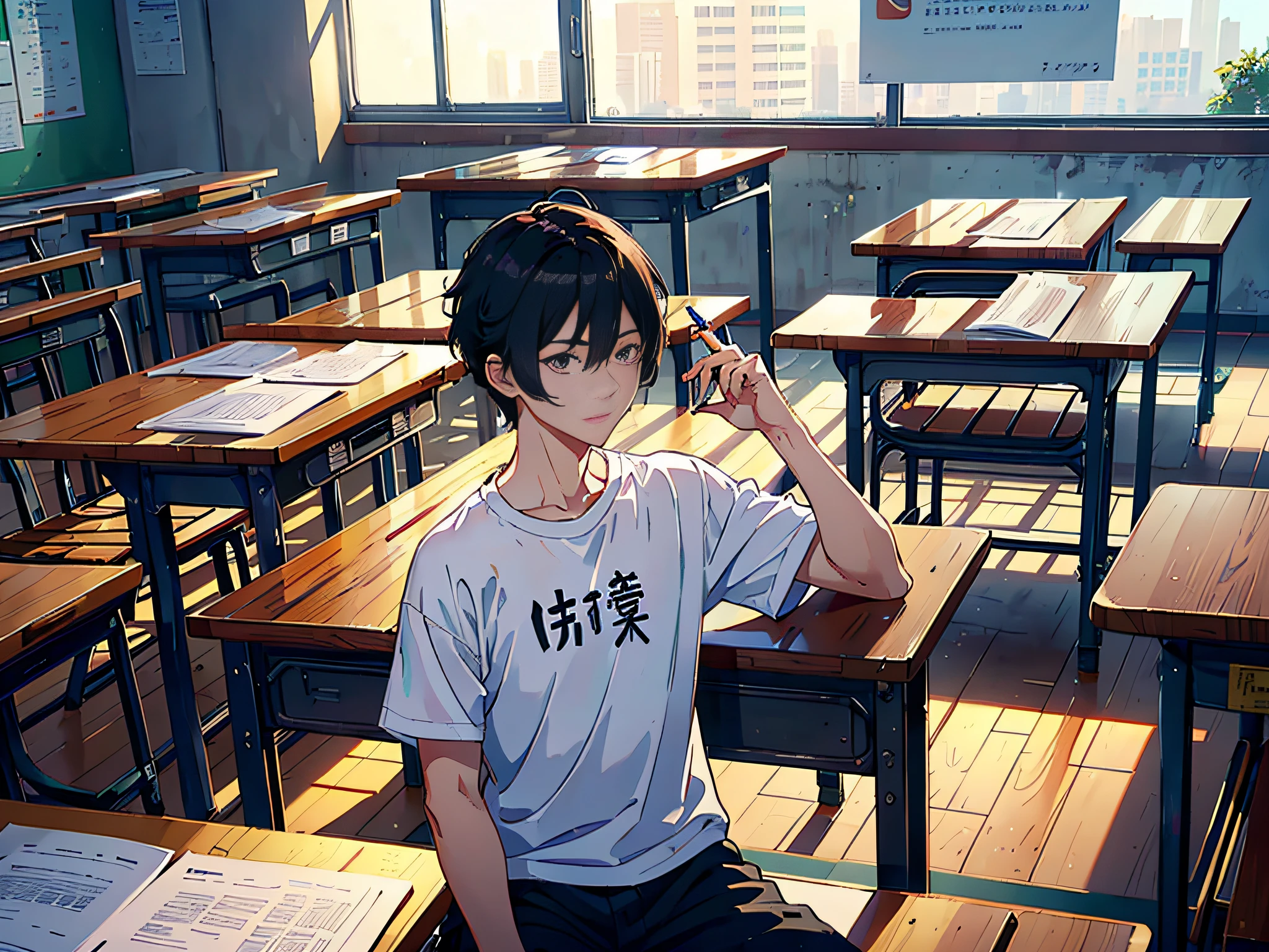A man is sitting in the classroom, boy, male classmate, in the campus classroom, this male classmate is wearing a white T-shirt, short black hair, holding a pen in his hand, there are test papers, there are books, the lens is mainly featured on the upper body, in the Loepfe art style ((Xinhai City), popular in CGStation, Xinhaicheng H 2160, inspired by Bian Shoumin, Xinhaicheng, Kavasi, Guvitz style, high-quality pictures, 4K, 8K, resolution,