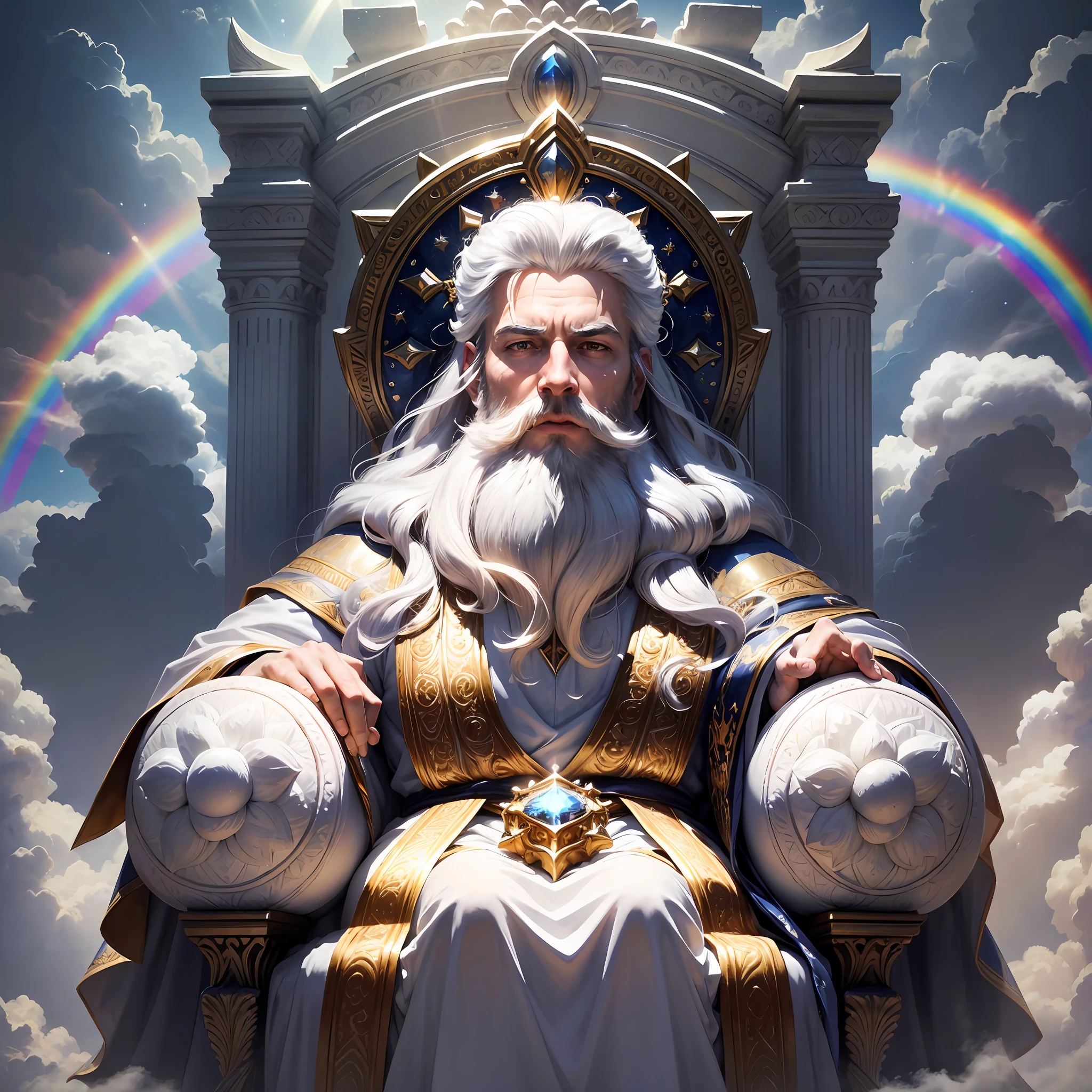 (masterpiece, best quality, ultra-realistic), God's powerful blur throne, made of sapphire stone,floating over the clouds,, high resolution, divine man, majestic, strong, imposing, white hair and beard, white clothes warmth, dazzling light, serene aura, magnificent aura, god (embodiment of power:1.2), glorious, surreal, a rainbow over the throne   (emitting light:1.3), (gleaming:1.2)