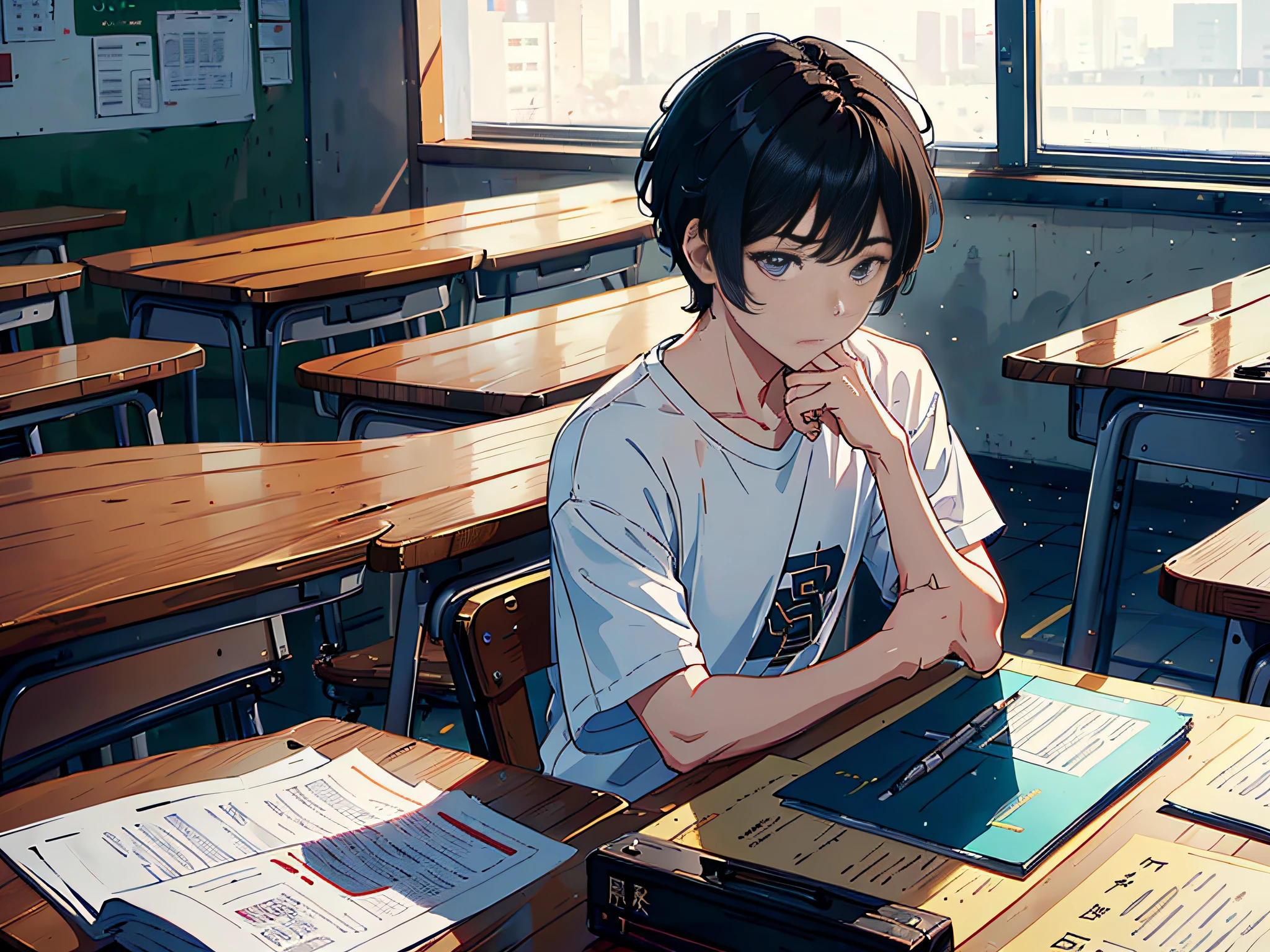A man is sitting in the classroom, boy, male classmate, in the campus classroom, this male classmate is wearing a white T-shirt, short black hair, holding a pen in his hand, there are test papers, there are books, the lens is mainly featured on the upper body, in the Loepfe art style ((Xinhai City), popular in CGStation, Xinhaicheng H 2160, inspired by Bian Shoumin, Xinhaicheng, Kavasi, Guvitz style, high-quality pictures, 4K, 8K, resolution,