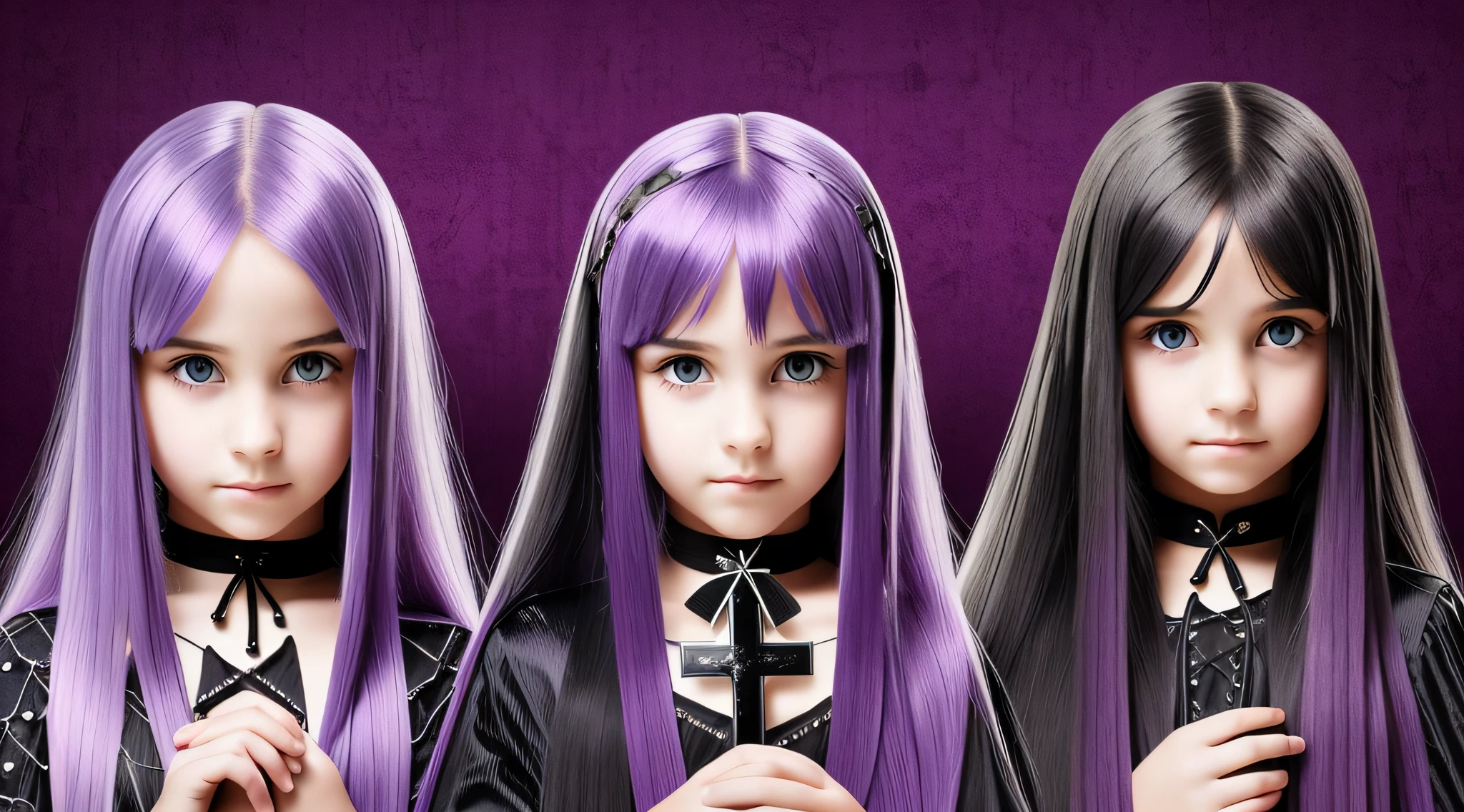 GIRLS CHILDREN, BLONDES WITH VERY LONG STRAIGHT GOTHIC HAIR, PURPLE BACKGROUND., BACKGROUND OF CROSSES. PRAYING.