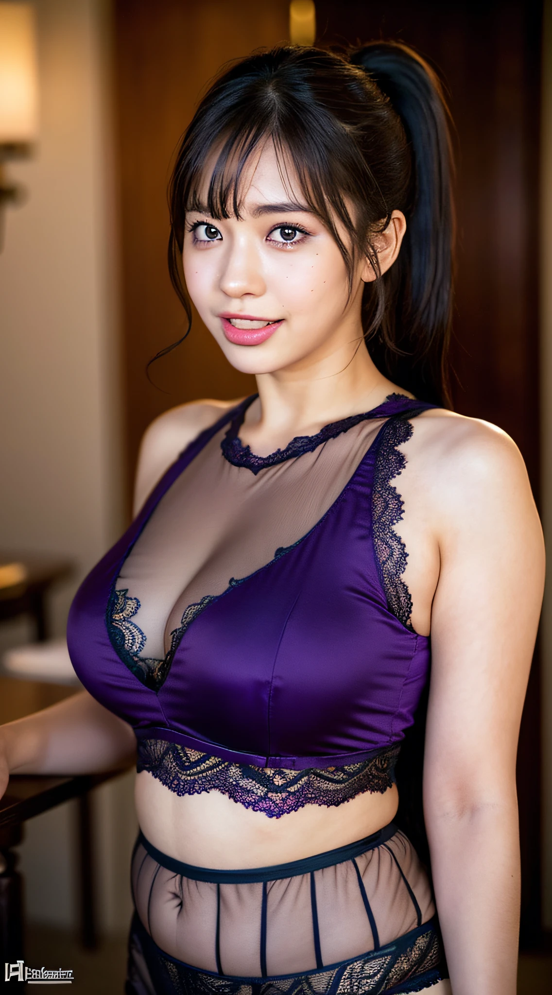 Colossal, plus size model, thick belly, (masterpiece), (best quality: 1.3), (super detail: 1.2), (absurdity)), (high resolution: 1.1), (highly detailed cg), (eat: 1.7), cake, beautifully detailed background, depth of field, realistic: 1.3, (ambient light: 1.3), (movie composition: 1.3), (HDR: 1), accent lighting, from below, brown eyes, black hair, ponytail, (embarrassing: 1), girl, erotic, purple lingerie with lace fabric and a lot of exposure, sweating, sticking out tongue, drooling saliva, opening mouth, (rolling eyes), , ahegao: 1.3), smile