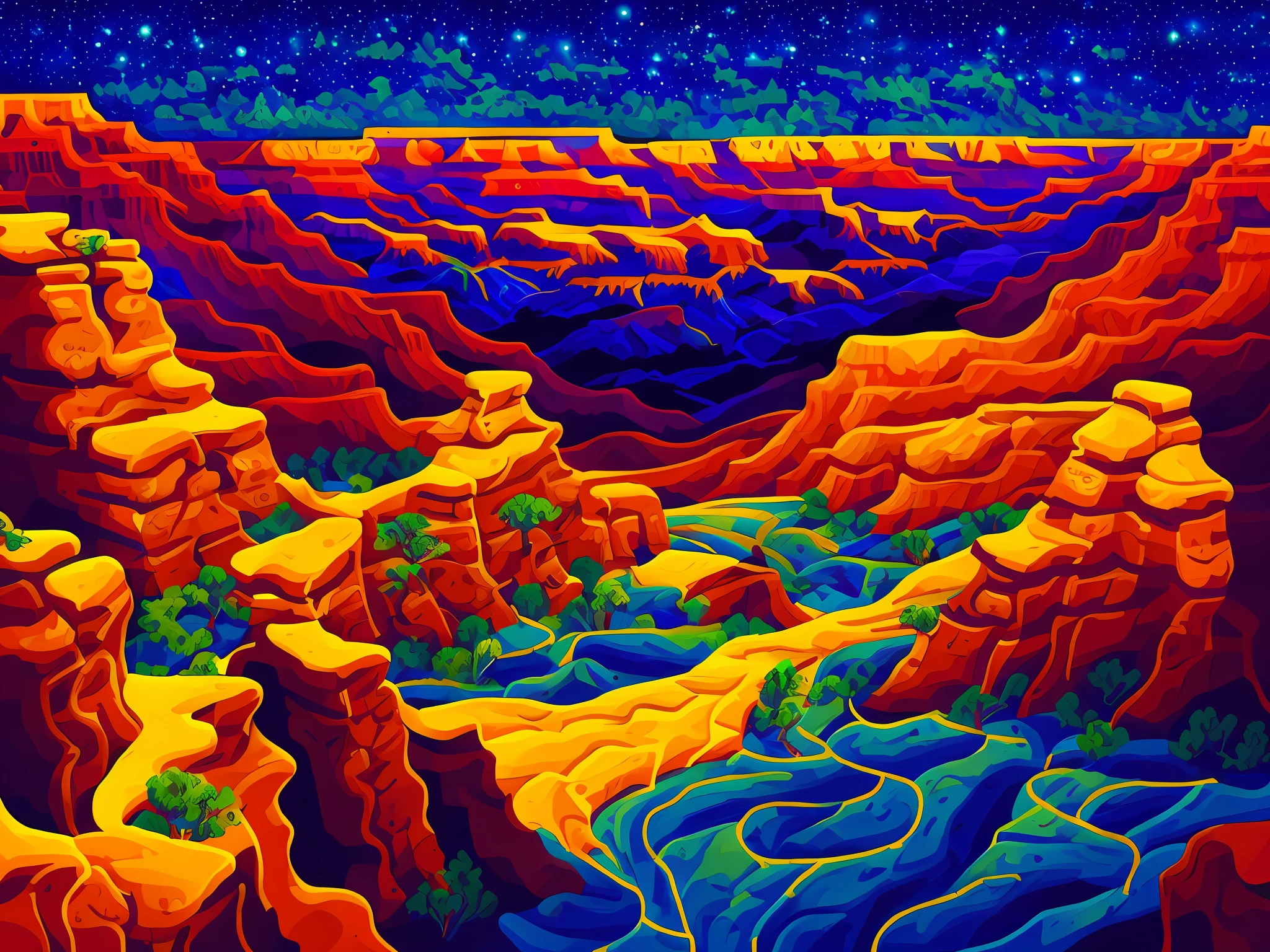 Painting of the grand canyon in the style of van gogh at night