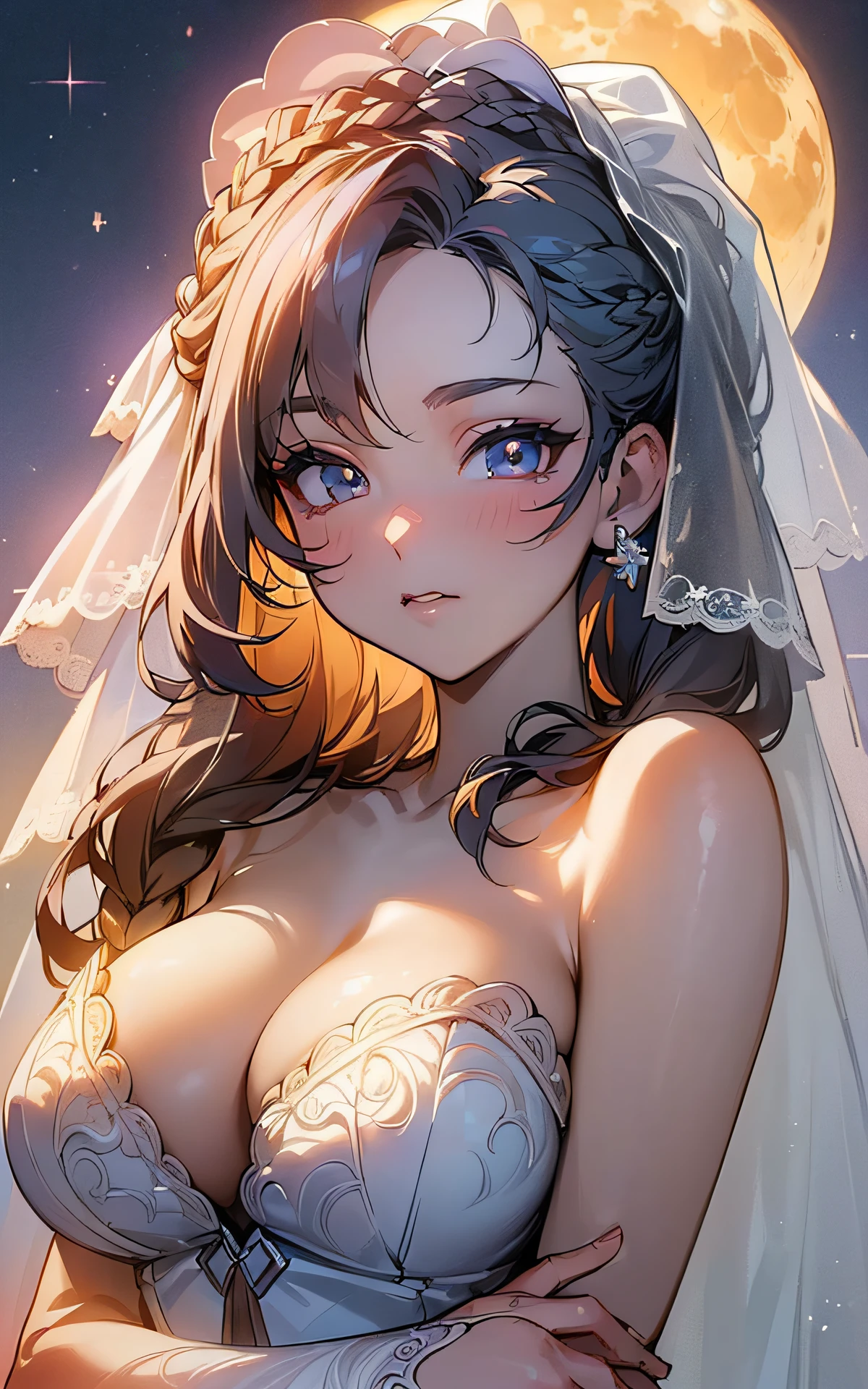 ((unity 16k wallpaper, masterpiece, best quality, ultra-detailed, extremely detailed CG, caustics, cinematic lighting, detailed, beautiful detailed eyes, NSFW: 2.0, 30 years old, dynamic pose)), erotic, sexy, ultra high-definition, (((cleavage)), fine skin, (cute: 1.2), collarbone, (((JPOP idol)), (((attractive)), (paul white wedding dress: 2.0, wedding veil, moon, night sky: 2.0, french braid, arms crossed))
