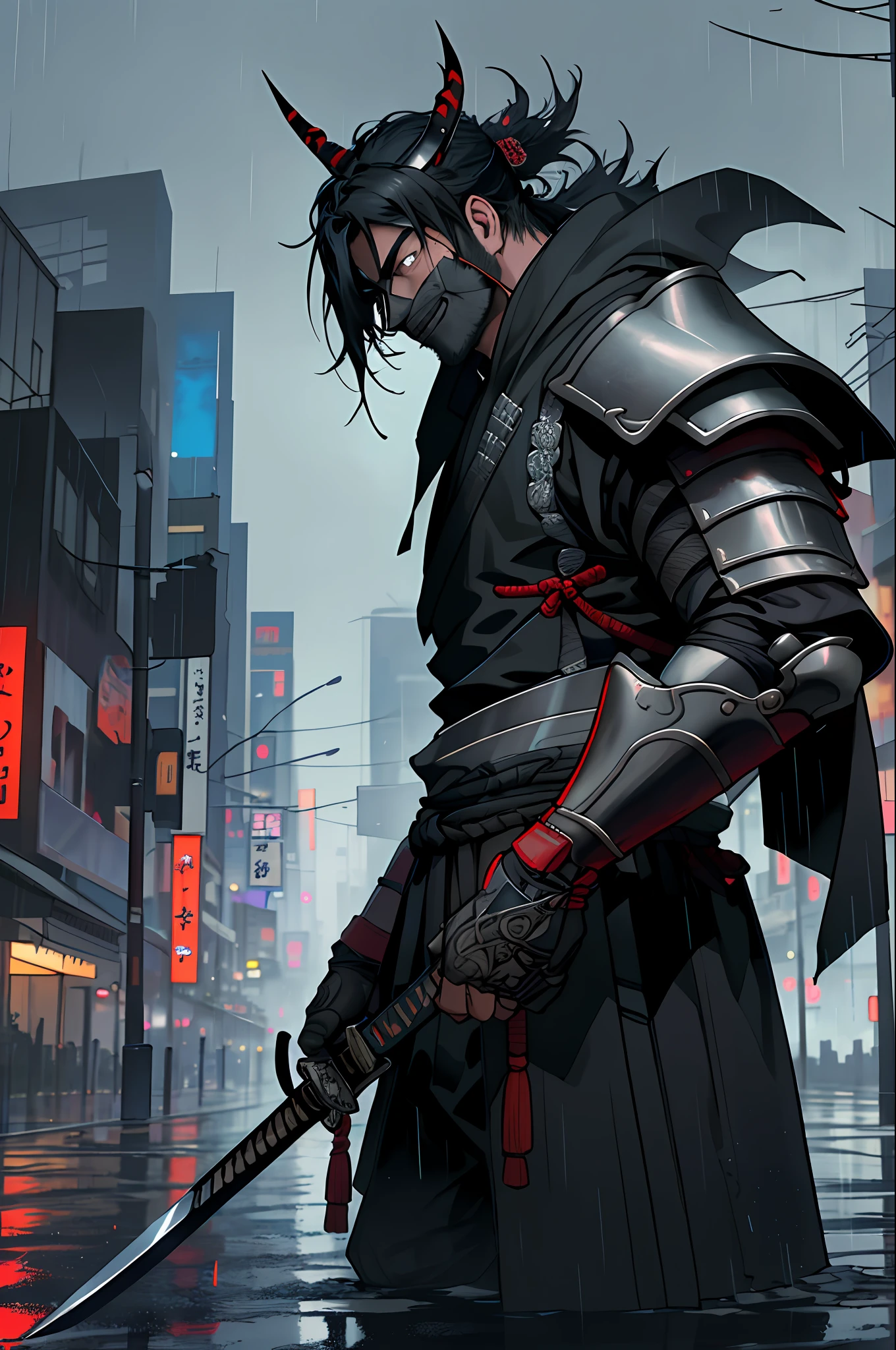 In the image, we can see a mysterious samurai in the middle of a rainy city of Tokyo. He's standing at the top of a hill and looks tired but still alert. In his right hand, he holds a large sword, which was used to defeat his enemies who are now scattered all over the ground in front of him.

The samurai is dressed in his traditional armor and a dark robe that covers his shoulders. His face is covered by a Hannya mask, making him even more mysterious and impenetrable.

The rainy city in the background is made up of modern skyscrapers and neon lights. The rain is falling heavily, creating puddles of water on the ground and bright reflections of lights everywhere. The atmosphere is dark and oppressive, but the samurai remains strong and determined.

The image is highly detailed, with realistic textures and deep shadows to create a sense of depth and drama. Every detail of the samurai's armor and rainy city is carefully portrayed, making the scene visually impressive and impactful.