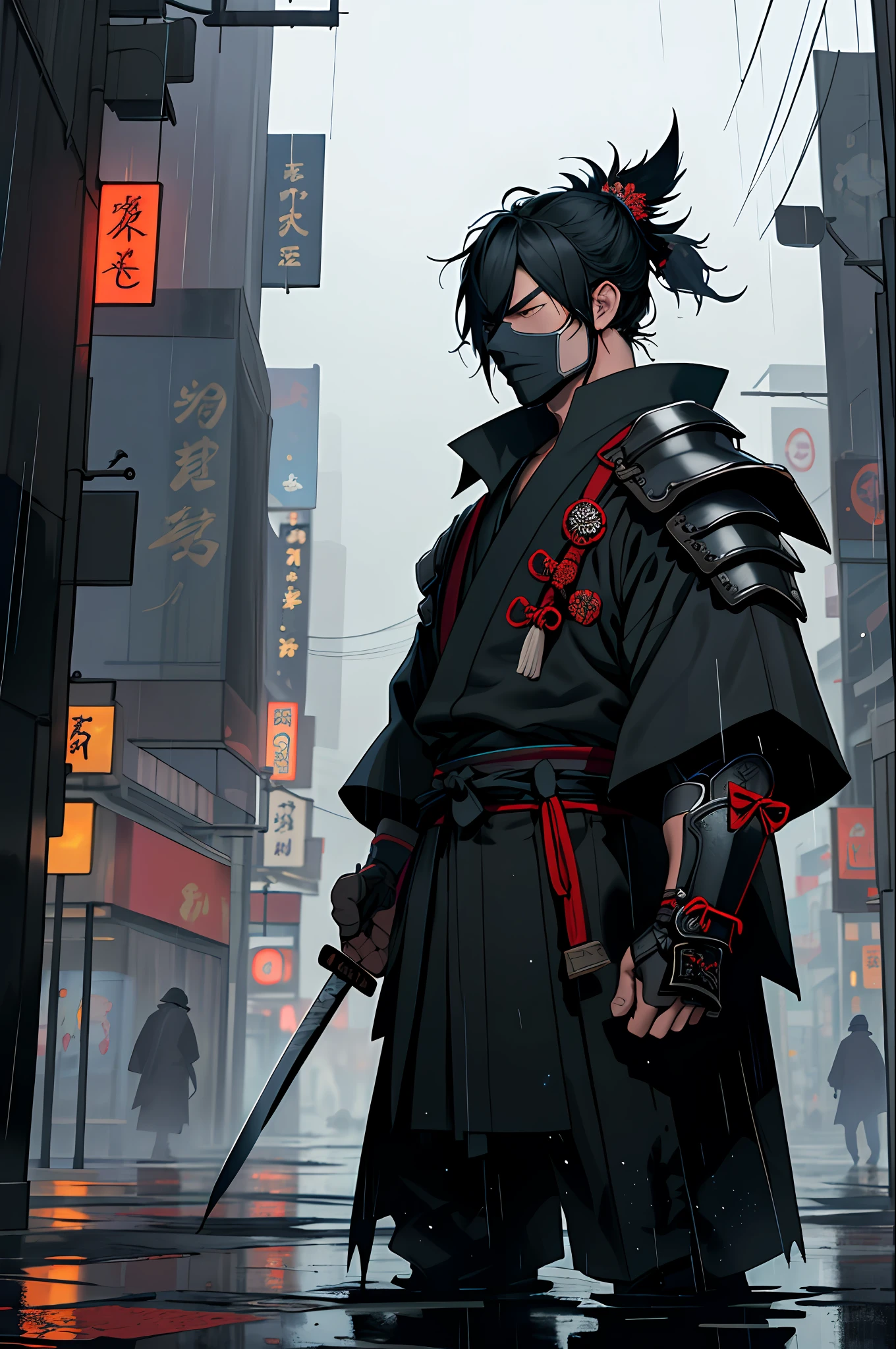 In the image, we can see a mysterious samurai in the middle of a rainy city of Tokyo. He's standing at the top of a hill and looks tired but still alert. In his right hand, he holds a large sword, which was used to defeat his enemies who are now scattered all over the ground in front of him.

The samurai is dressed in his traditional armor and a dark robe that covers his shoulders. His face is covered by a Hannya mask, making him even more mysterious and impenetrable.

The rainy city in the background is made up of modern skyscrapers and neon lights. The rain is falling heavily, creating puddles of water on the ground and bright reflections of lights everywhere. The atmosphere is dark and oppressive, but the samurai remains strong and determined.

The image is highly detailed, with realistic textures and deep shadows to create a sense of depth and drama. Every detail of the samurai's armor and rainy city is carefully portrayed, making the scene visually impressive and impactful.